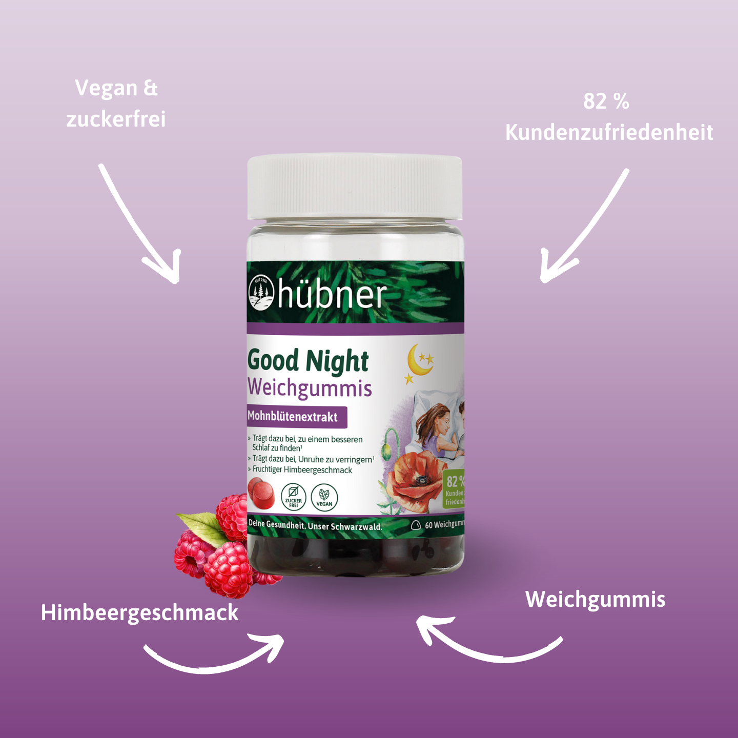 Eine Flasche Hübner Gute Nacht Weichgummis mit Himbeergeschmack, gekennzeichnet als vegan, zuckerfrei und mit 82  Kundenzufriedenheit.