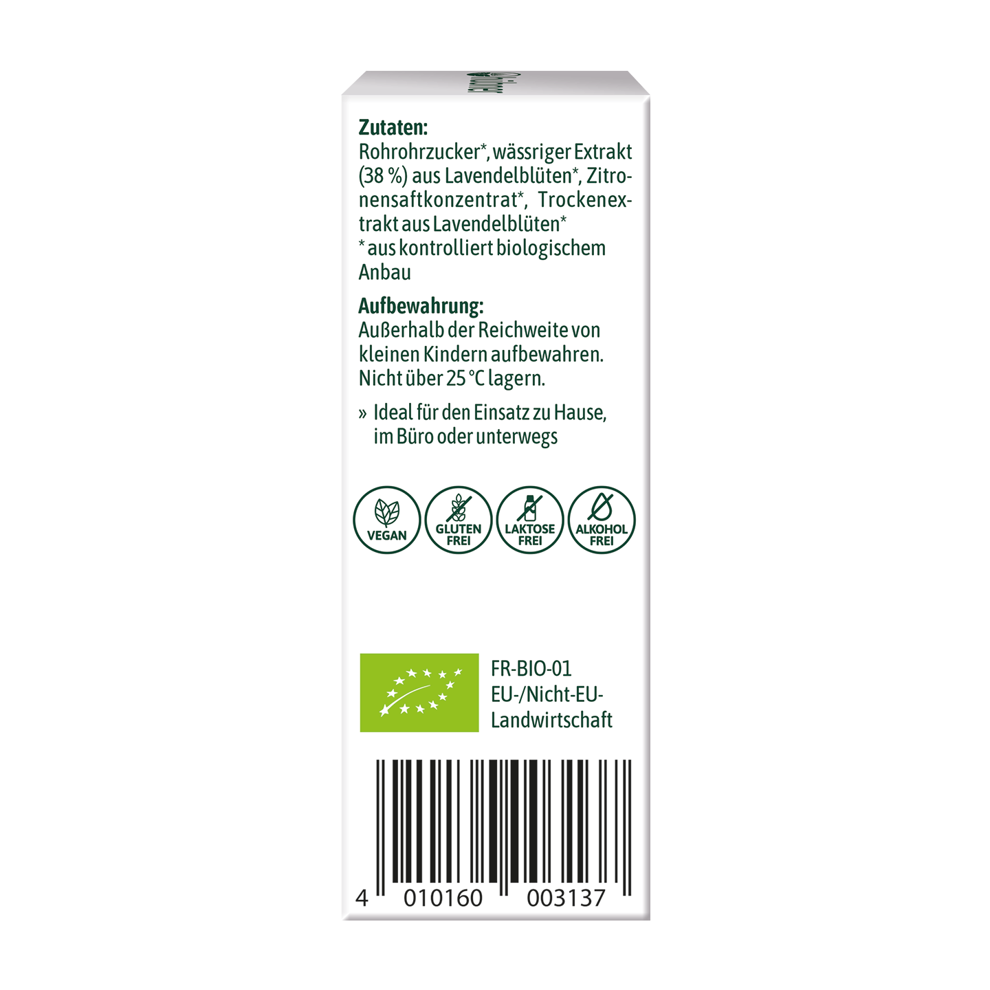 Rückseite einer Produktverpackung mit Angaben zu Inhaltsstoffen, Aufbewahrungshinweisen, Zertifizierungslogos und einem Strichcode an der Unterseite.