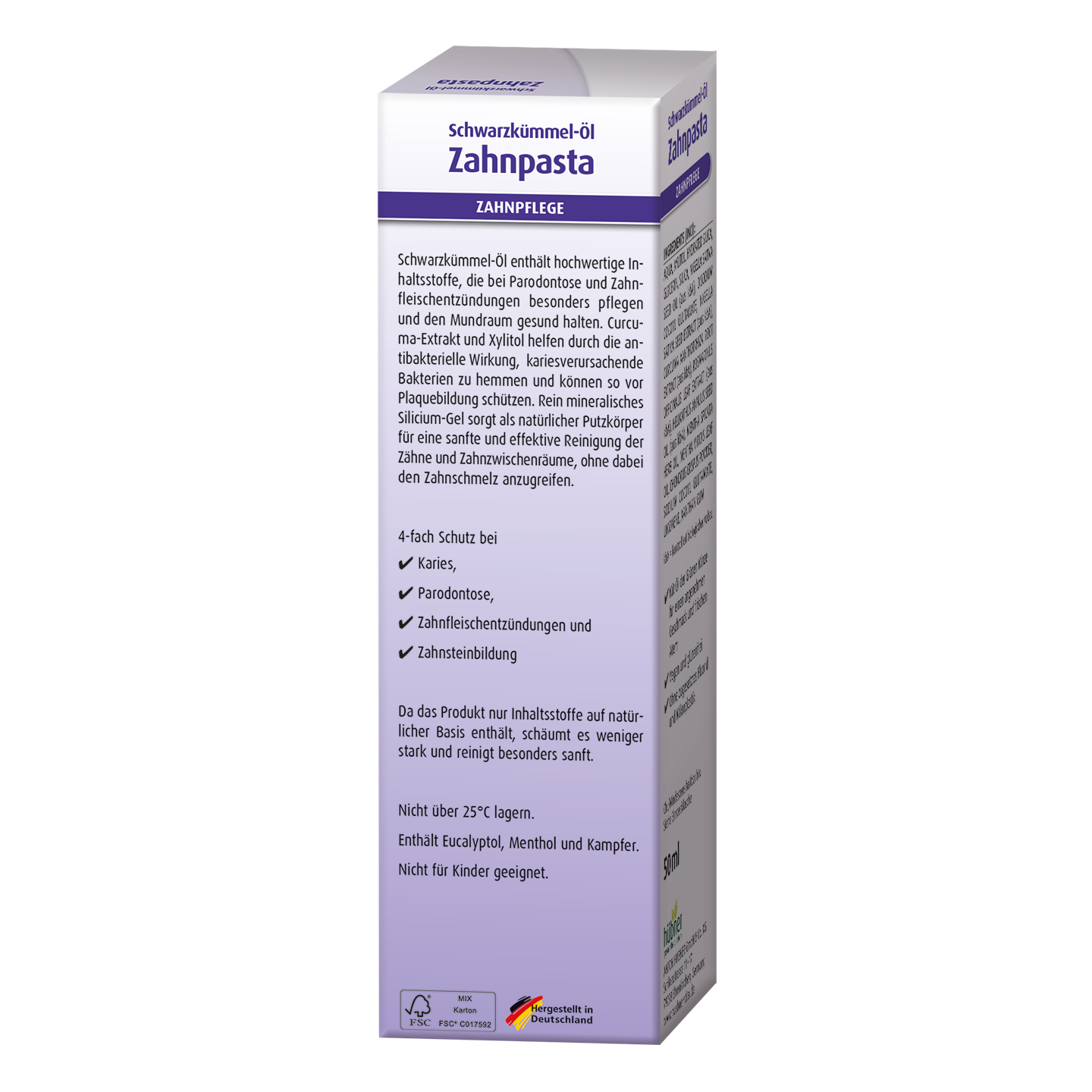 Eine Schachtel Schwarzkümmel-Öl Zahnpasta mit ausführlichen Produktinformationen und Vorteilen in deutscher Sprache auf der Verpackung.