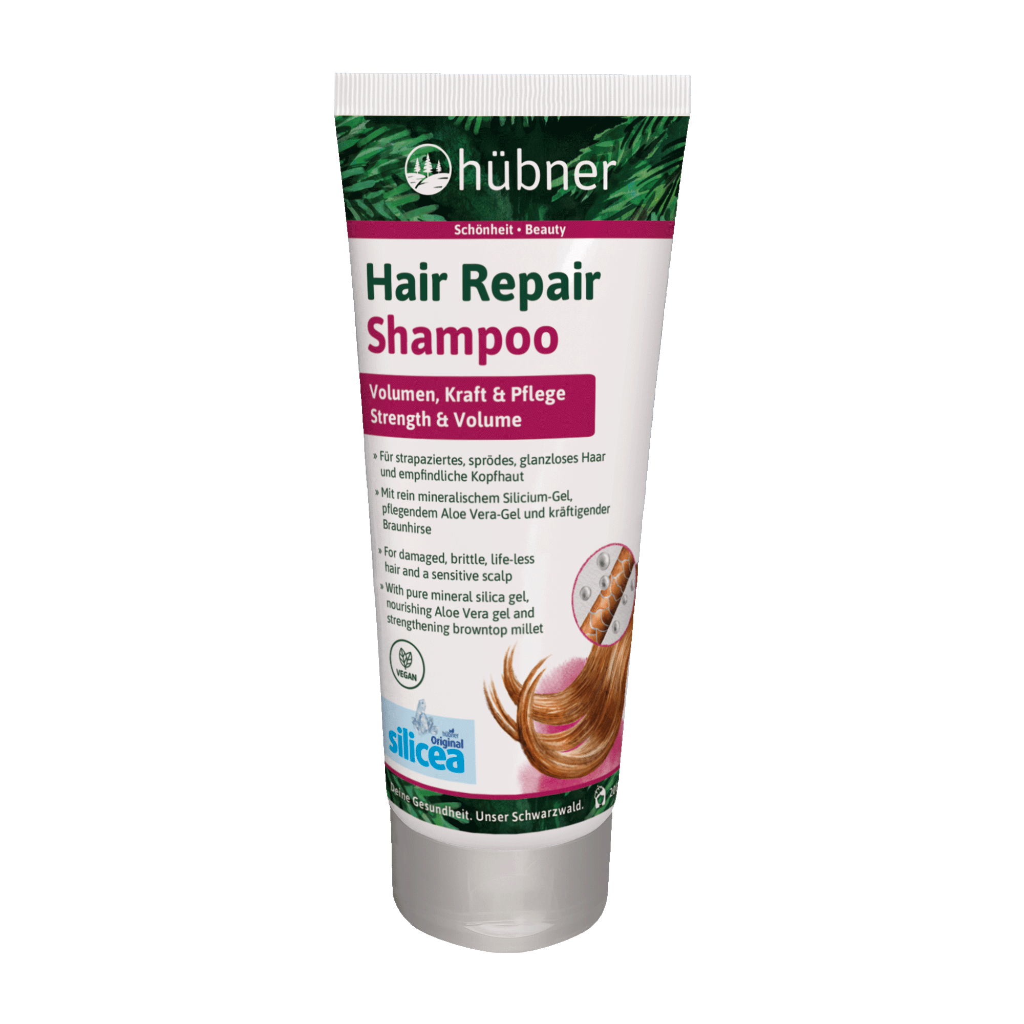 Eine Tube Hübner Hair Repair Shampoo für Kraft und Volumen, entwickelt für geschädigtes Haar, mit Aloe Vera und Kieselgel.