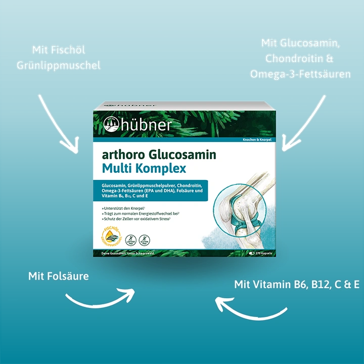 Schachtel mit Kräuterextrakt Hübner Bitter Tropfen mit Bildern der Inhaltsstoffe und grünem Etikett, auf dem steht, dass das Produkt neu, biologisch und alkoholfrei ist.