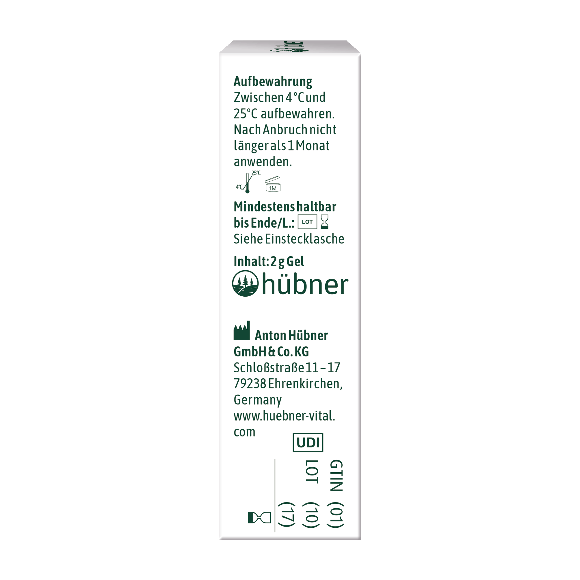Seite einer weißen Schachtel mit deutschen Aufbewahrungshinweisen, Anwendungsdetails und Firmeninformationen für ein 2g-Gel von Hübner.