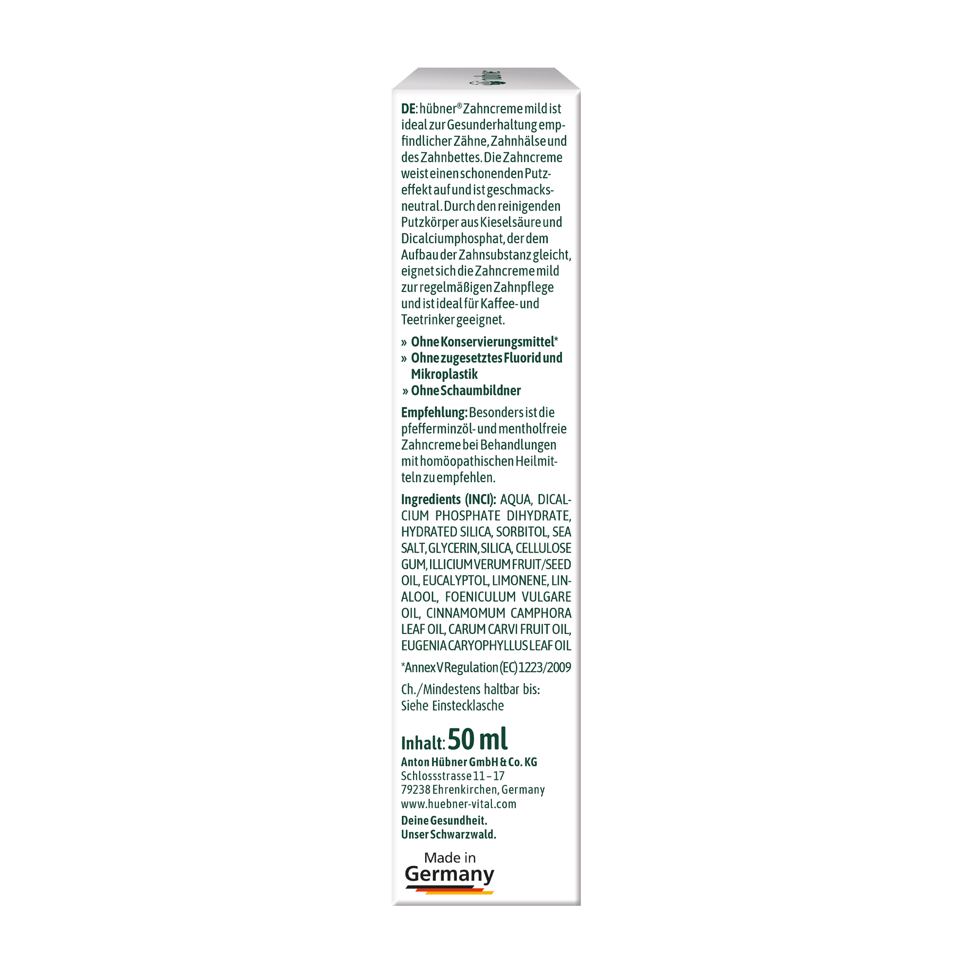 Seitenansicht einer Zahnpastapackung mit Inhaltsstoffen und Produktinformationen in deutscher Sprache; Etikett „Made in Germany“ unten.