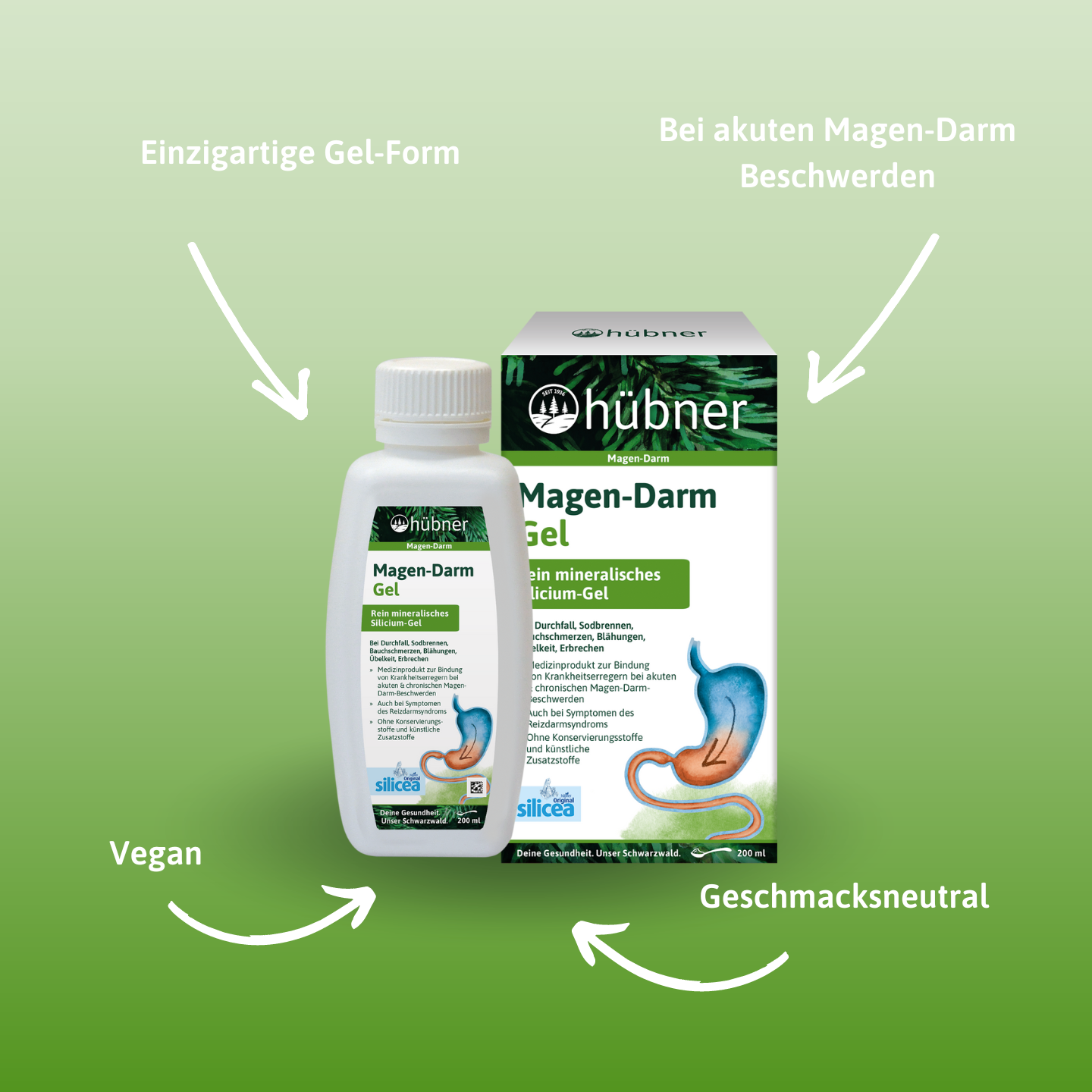 Eine Flasche und eine Schachtel Hübner Magen-Darm-Gel mit Pfeilen, die die einzigartige Gelform, den veganen, neutralen Geschmack und die Linderung von Verdauungsbeschwerden hervorheben.