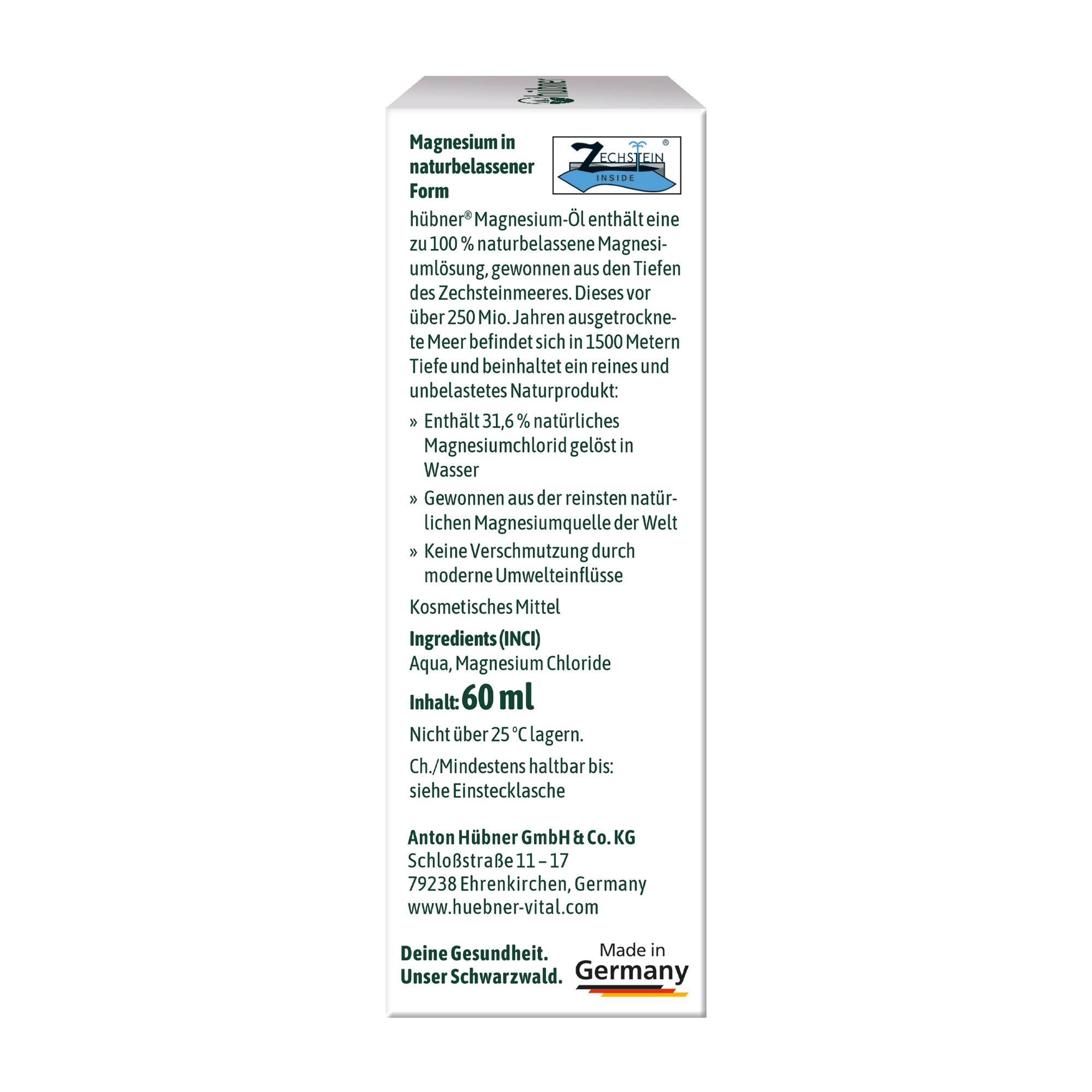 Rückseite einer Produktverpackung mit deutschem Text, der das Magnesiumöl, seine Inhaltsstoffe, Lagerungshinweise und Herstellerangaben beschreibt.
