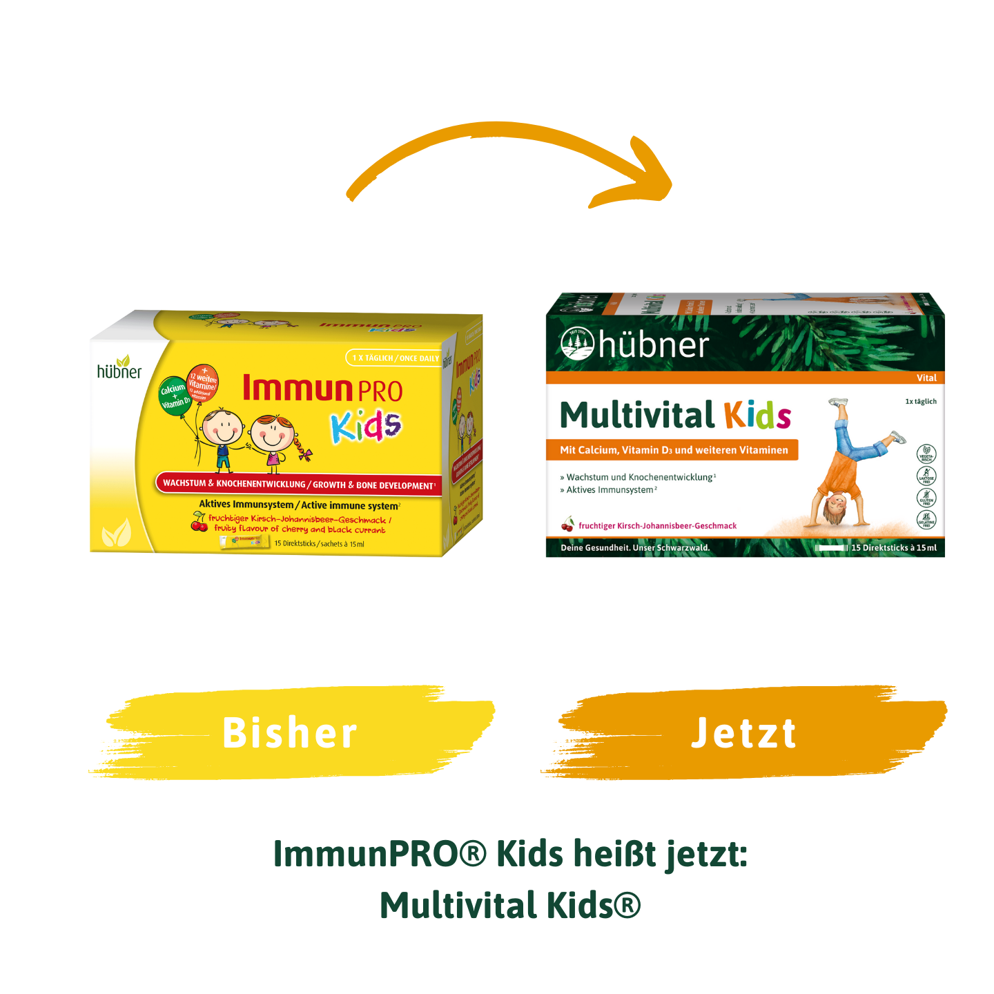 Zwei Kartons: altes ImmunPRO Kids® gelb und neues Multivital Kids® dunkelgrün, mit Pfeil und Text zur Namensänderung.