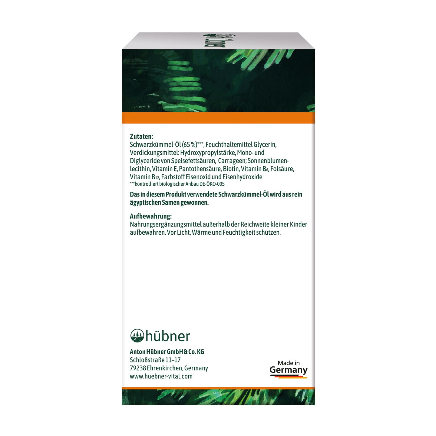 Rückseite einer Produktverpackung mit deutschem Text, der die Inhaltsstoffe, Aufbewahrungshinweise und Herstellerangaben auflistet, und oben ein grünes Blattmotiv.