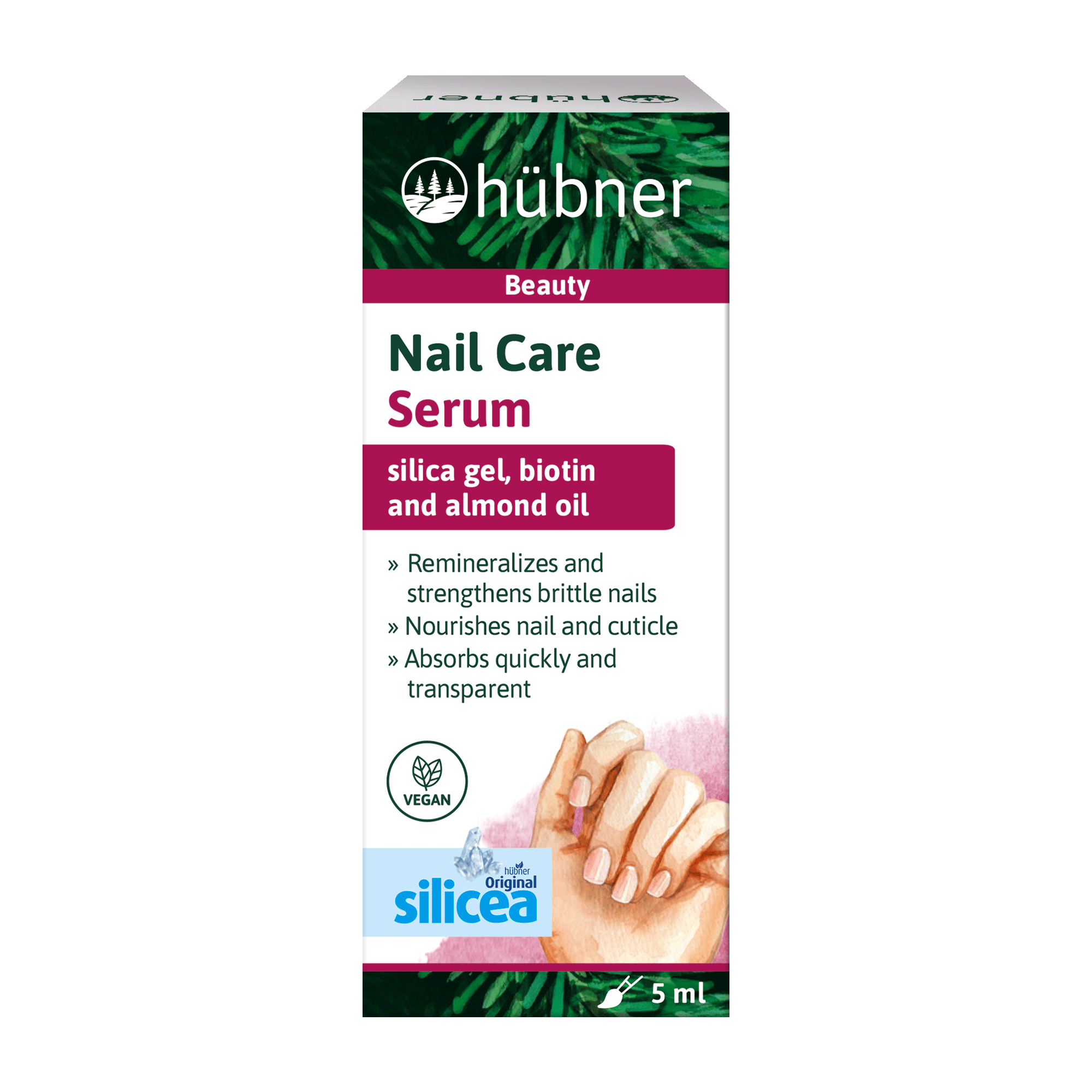 Schachtel mit Hübner Nagelpflegeserum, das Kieselgel, Biotin, Mandelöl und Vorteile für die Nägel hervorhebt; mit einer Abbildung von Händen.