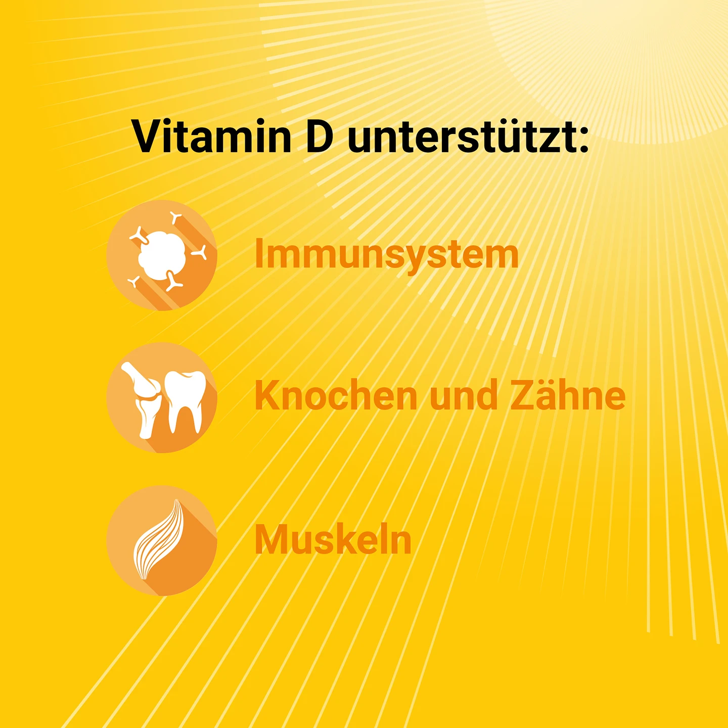Gelber Hintergrund mit hellem weißen Sonnenmotiv; Text: „Vitamin D unterstützt: Immunsystem, Knochen und Zähne, Muskeln“ und passenden Symbolen.