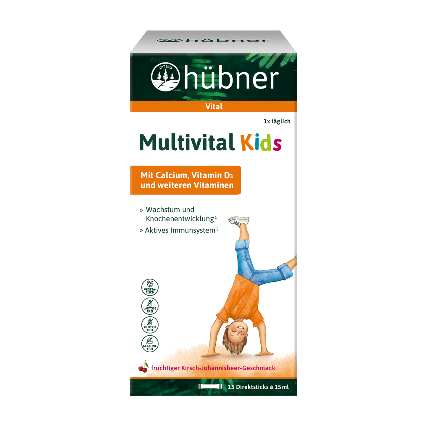 Schachtel mit Hübner Multivital Kids-Nahrungsergänzungsmitteln, mit einem Kind, das einen Handstand macht, und Text über Vitamine und Immununterstützung.