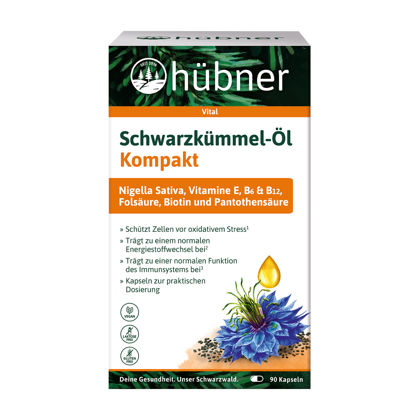 Schachtel Hübner Schwarzkümmel-Öl Kompakt mit aufgelisteten Inhaltsstoffen und Vorteilen sowie einer Abbildung einer blauen Blume mit einem goldenen Öltropfen.