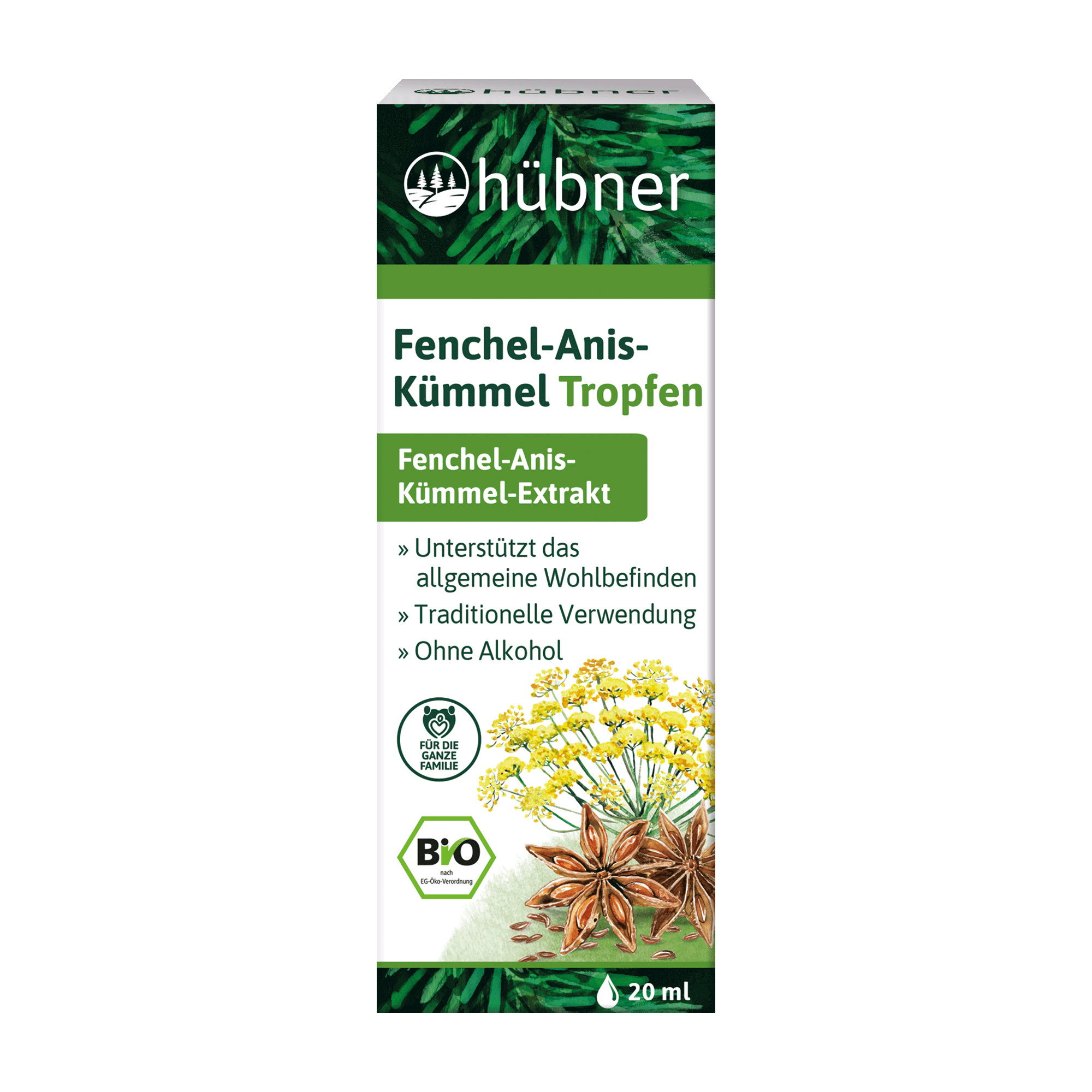 Vorderseite einer Hübner Fenchel-Anis-Kümmel Tropfen-Box, mit Kräutern, Bio-Etikett und Produktdetails in Deutsch, 20 ml Größe.