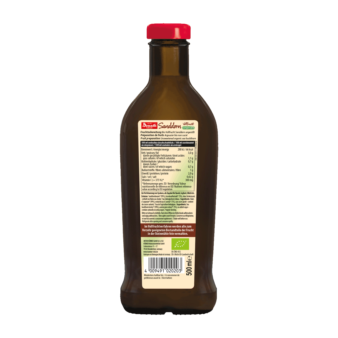 Eine braune Flasche mit rotem Deckel, auf deren Rückseite sich ein Etikett mit Nährwertangaben, Zutaten und einem Strichcode befindet.