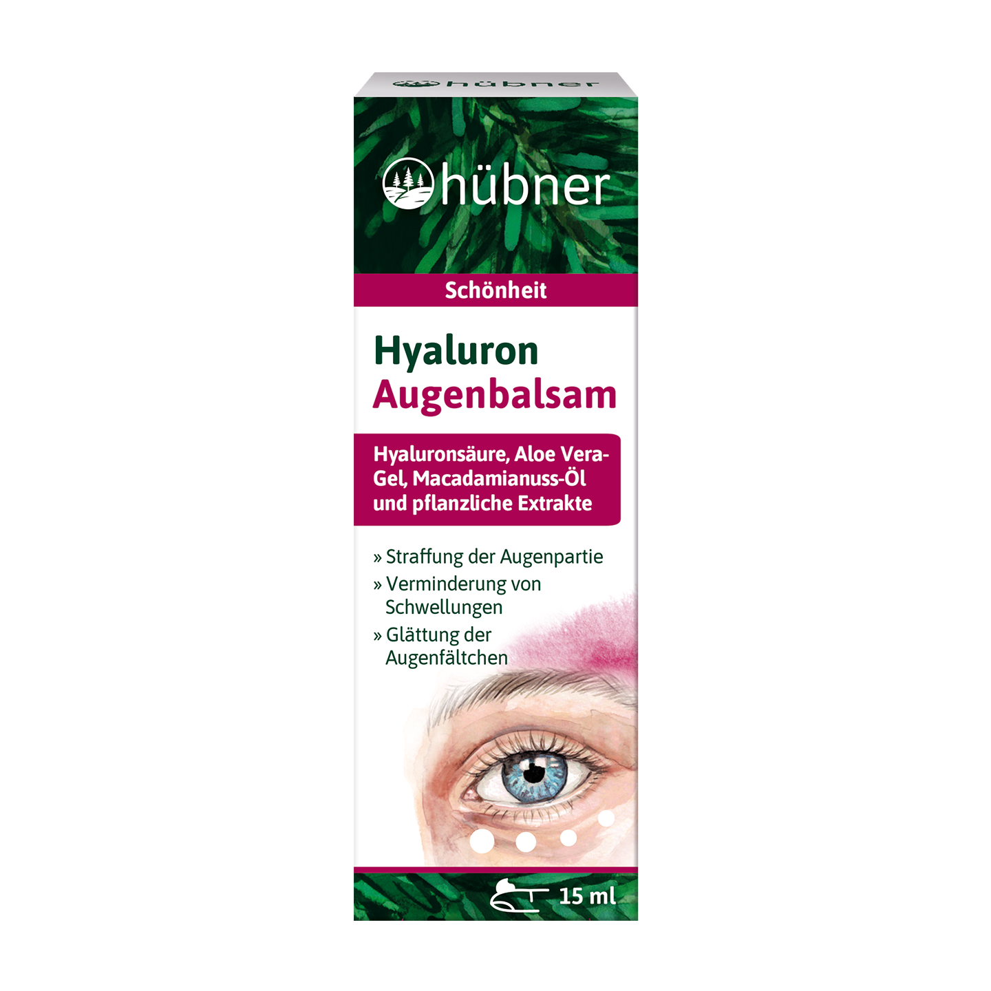 Schachtel Hübner Hyaluron Augenbalsam mit Pflanzenextrakten, Hyaluronsäure und dem Bild eines Auges mit Cremepunkten darunter.