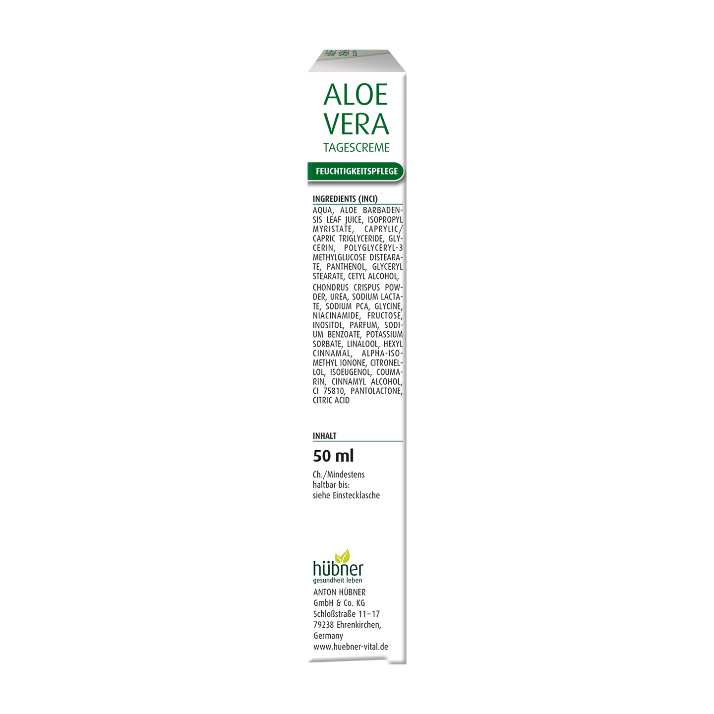 Rückseite einer hohen weißen Schachtel mit Aloe Vera-Tagescreme, die die Zutatenliste, Produktinformationen und einen Inhalt von 50 ml zeigt, sowie das grüne Hübner-Logo am unteren Rand.