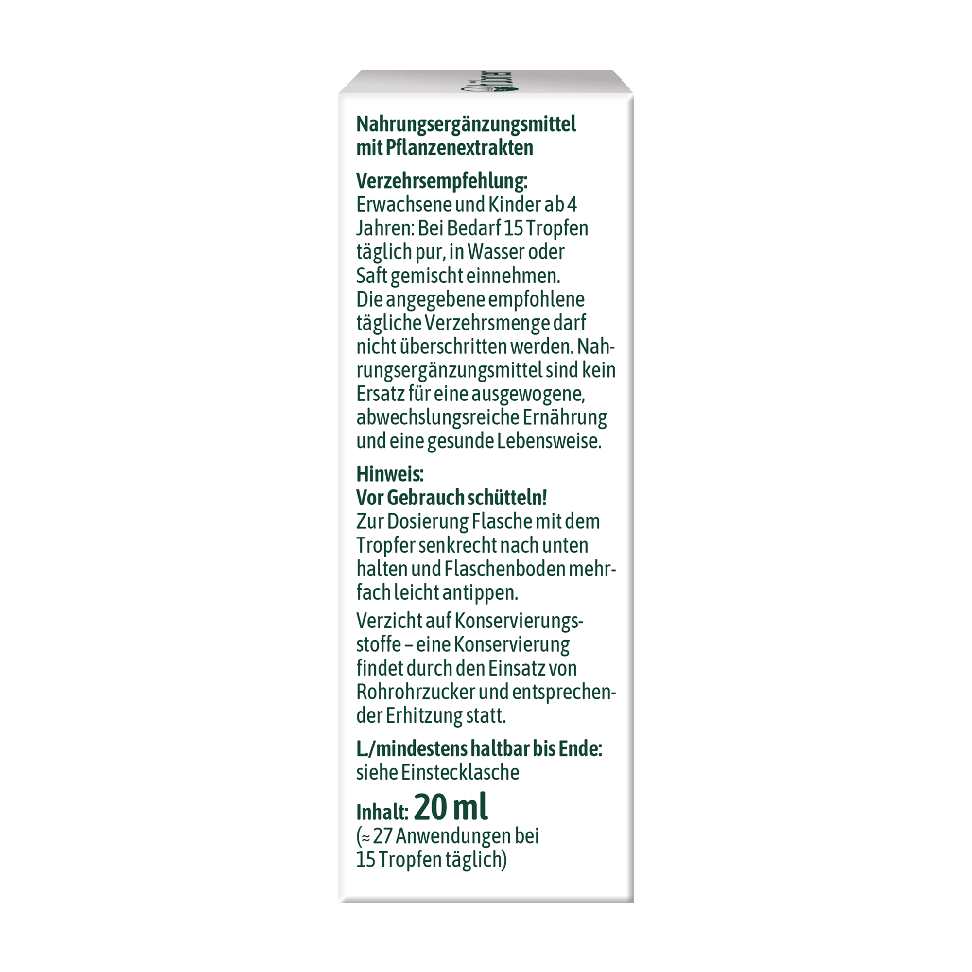 Weiße Nahrungsergänzungspackung mit grünem deutschen Text mit detaillierten Angaben zu Anwendung, Dosierung, Lagerung und Inhaltsstoffen. Inhalt: 20 ml.