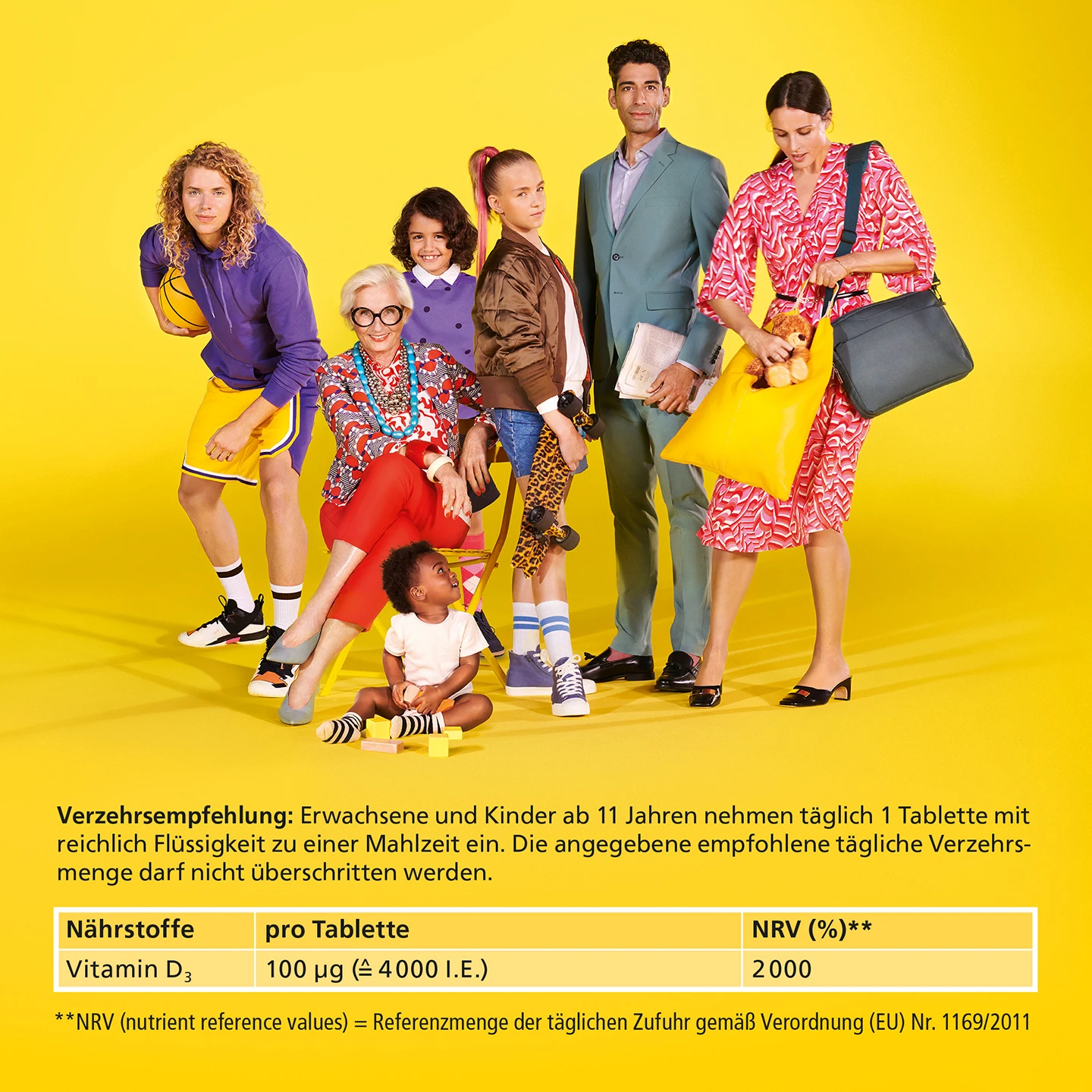 Sieben bunt gemischte Personen vor gelbem Hintergrund; darunter Text mit Dosierungs- und Verzehrhinweisen.