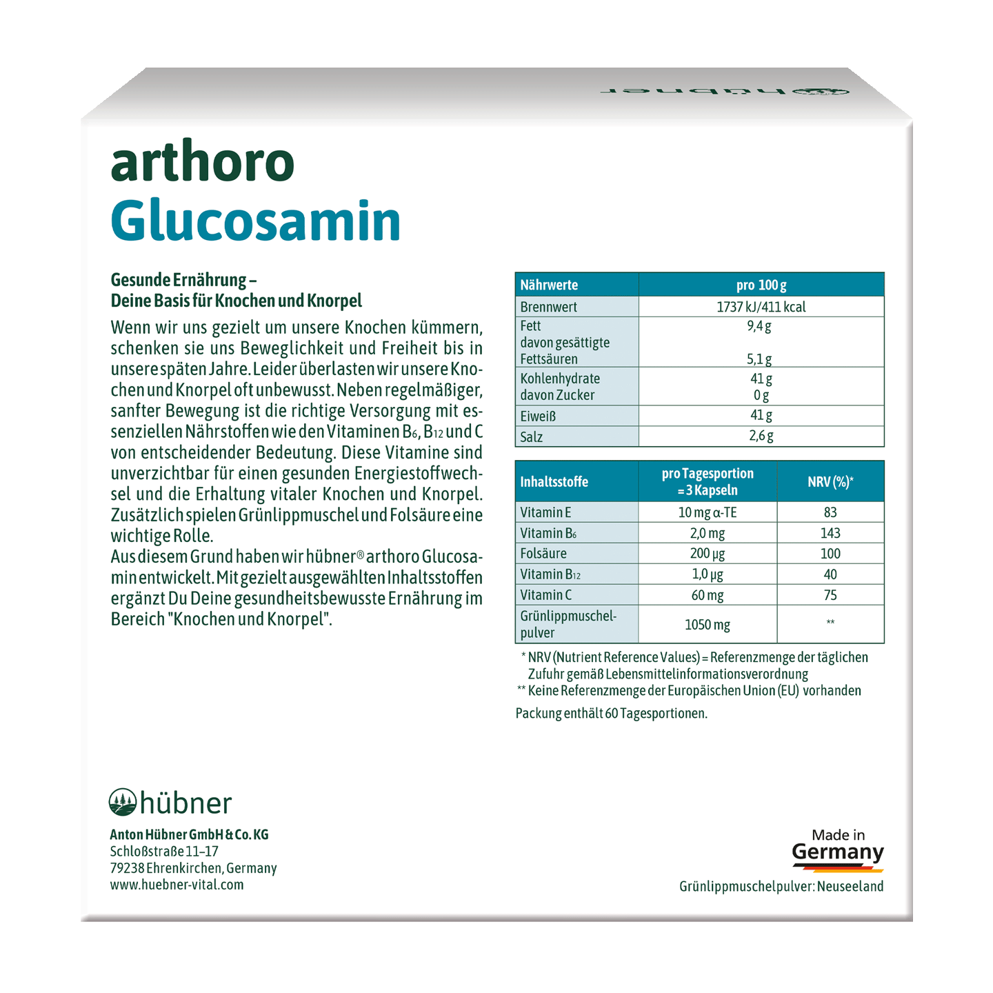 Vorderes Etikett einer Schachtel des Arthoro Glucosamin-Nahrungsergänzungsmittels mit Nährwertangaben und Zutaten in deutscher Sprache.