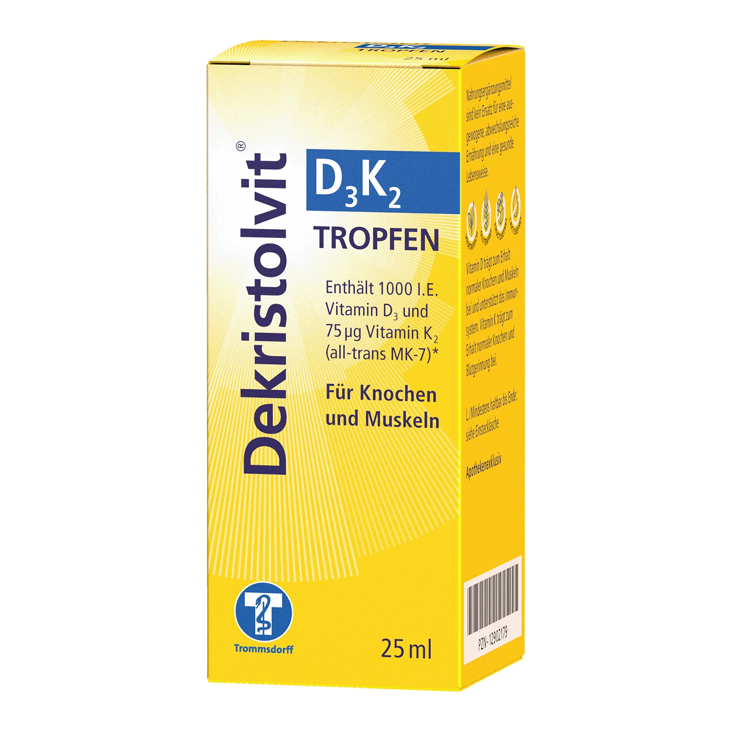 Gelbe Schachtel mit Dekristolvit D3 K2 Tropfen, einem Vitaminpräparat für Knochen und Muskeln, 25 ml Flasche, deutscher Text auf der Verpackung.