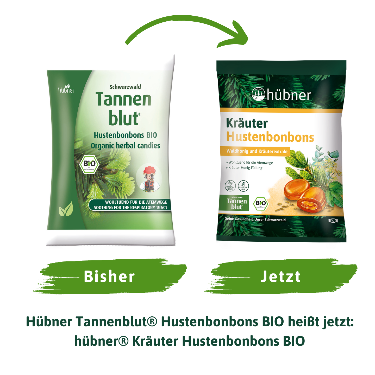 Vergleich zweier Produktverpackungen: links die alten Tannenblut® Bio-Kräuterbonbons, rechts die neuen hübner® Kräuter-Hustenbonbons BIO.