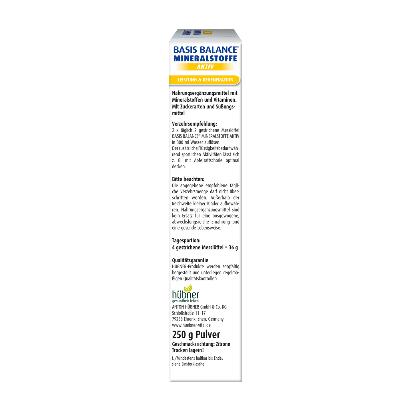 Dose Basis Balance Mineralstoffe Aktiv Pulver, 250g, Zitronengeschmack; deutscher Text mit Nährwert- und Anwendungshinweisen an der Seite.