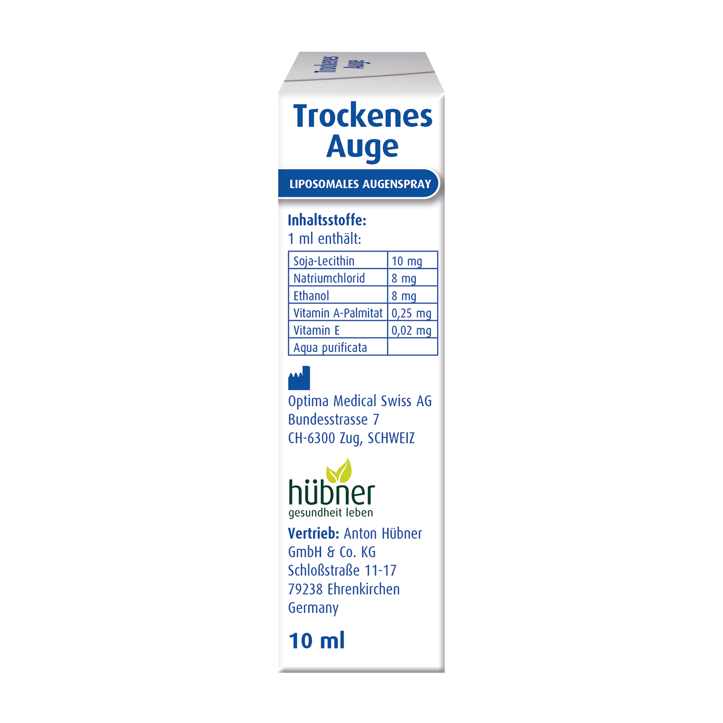 Weiße Schachtel mit der Aufschrift „Trockenes Auge liposomales Augenspray“ mit Angaben zu Inhaltsstoffen und Kontaktinformationen in deutscher Sprache, Inhalt: 10 ml.