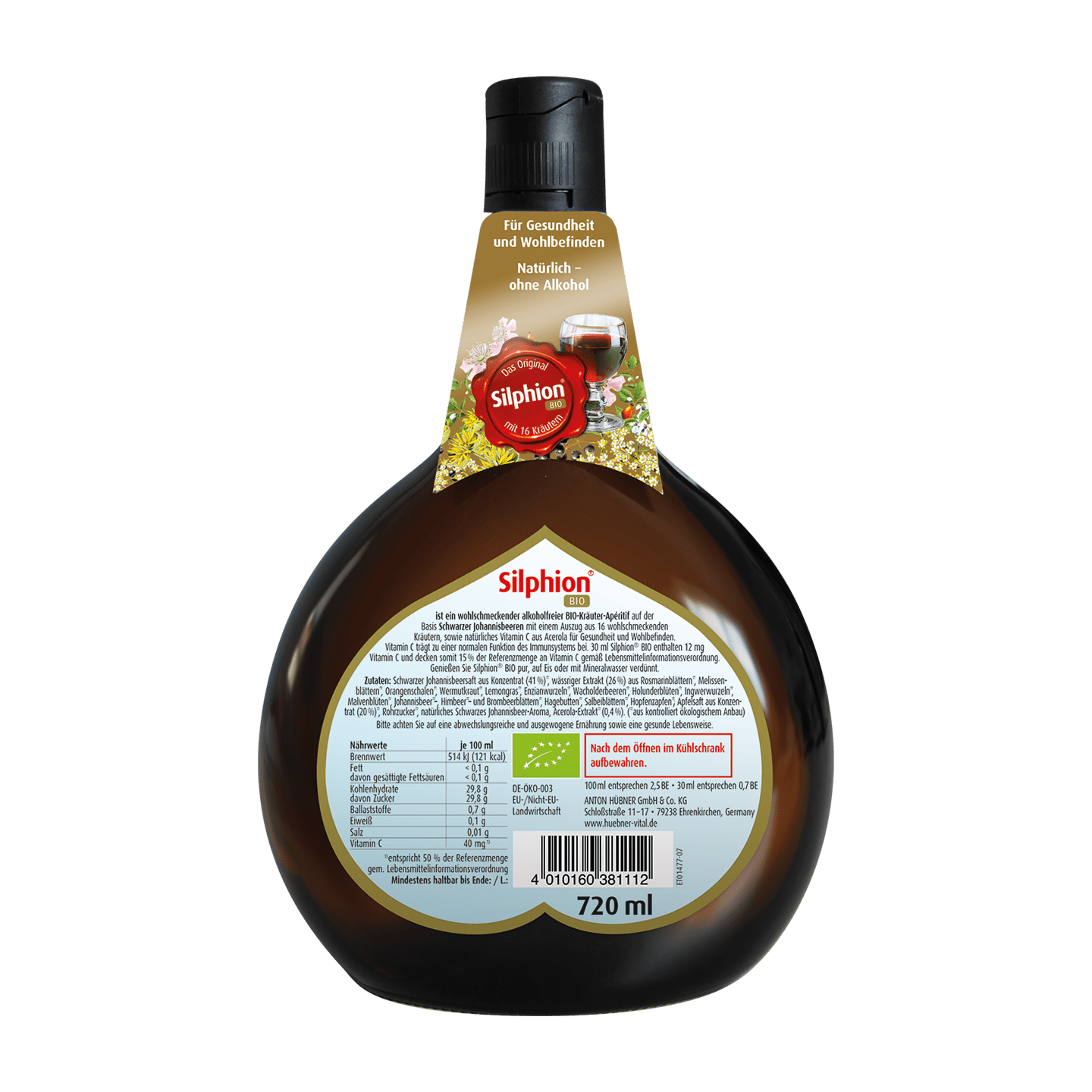 Eine braune, runde Flasche Silphion-Sirup mit einem Etikett mit Produktdetails, Nährwertangaben und deutschem Text. Fassungsvermögen: 720 ml.
