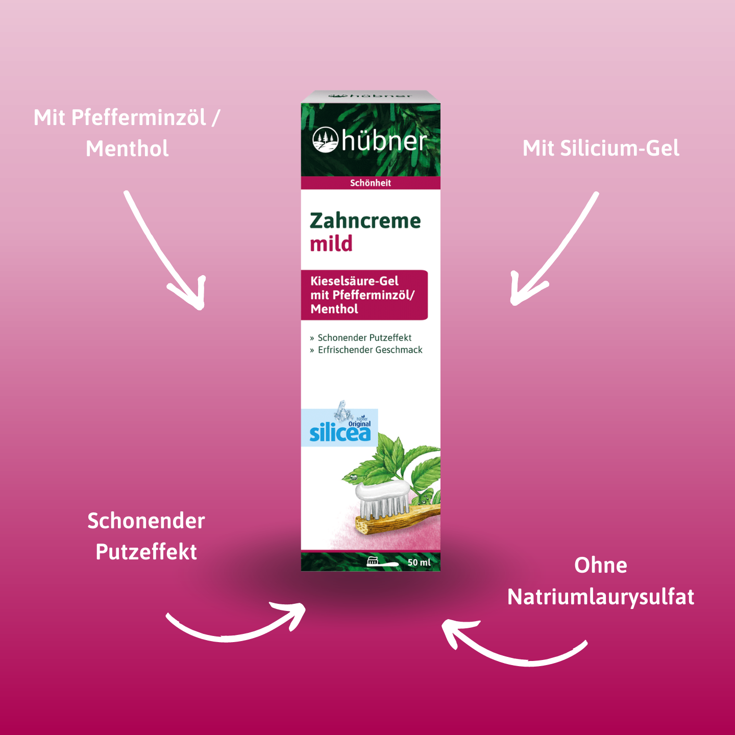 Eine Packung Hübner Zahncreme Mild Zahnpasta mit deutschem Text, der auf rosa Hintergrund die wichtigsten Inhaltsstoffe und Eigenschaften hervorhebt.