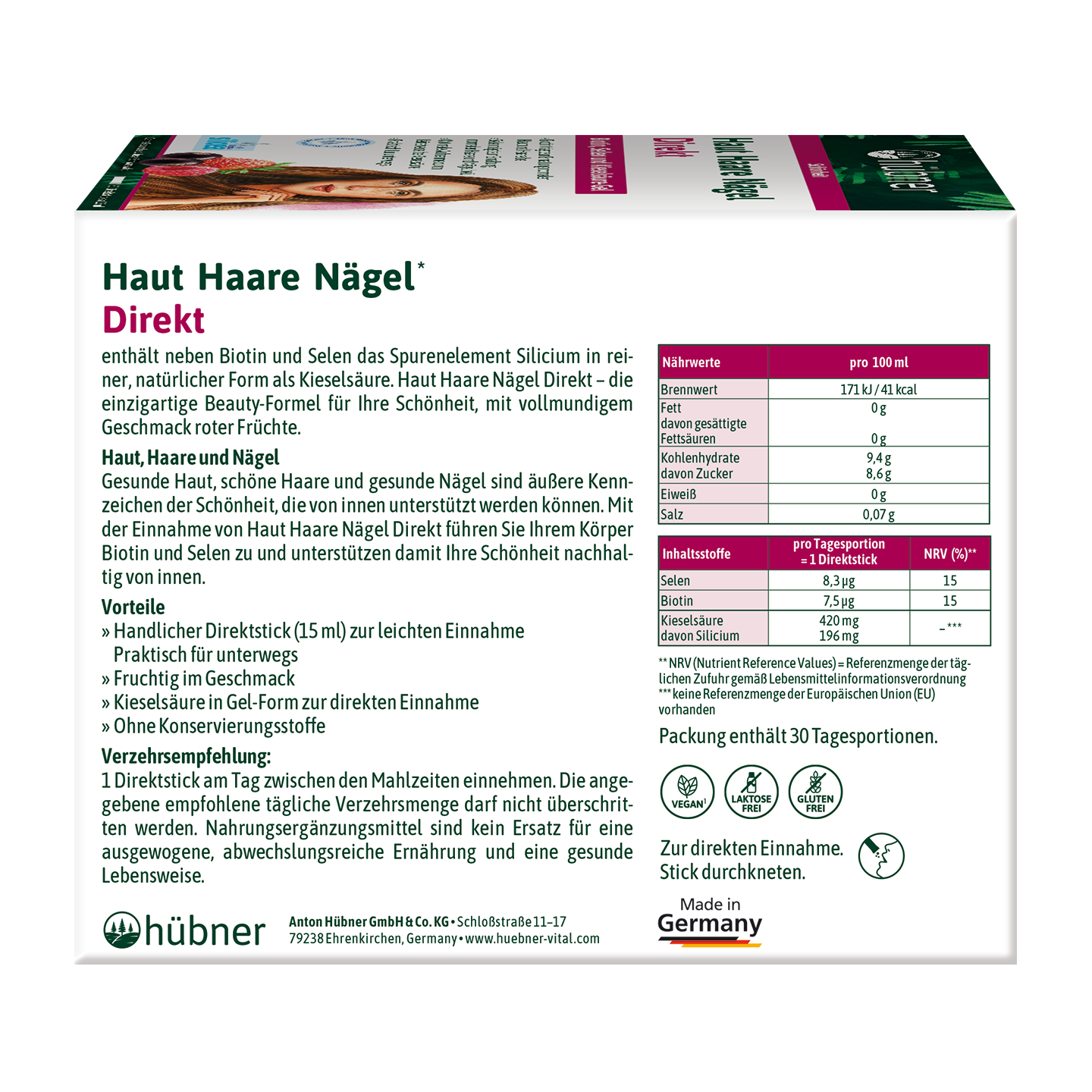 Weiße Produktverpackung für Haut Haare Nägel Direkt von Hübner mit Nährwertangaben, Gebrauchshinweisen und Firmeninformationen in deutscher Sprache.