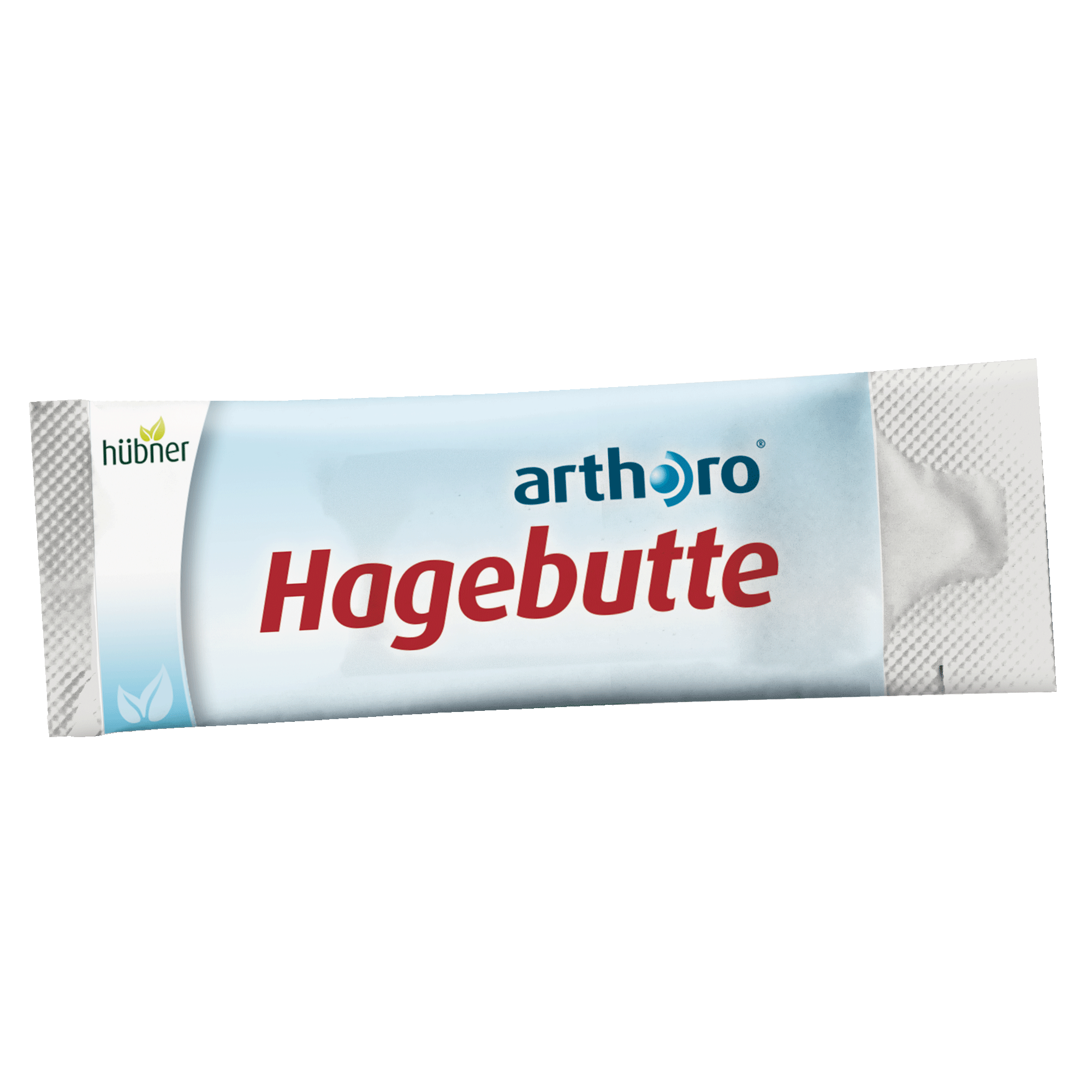 Ein Beutel mit der Aufschrift „Arthoro Hagebutte“ mit einem weiß-hellblauen Design und einem kleinen grünen Blattlogo in der Ecke.