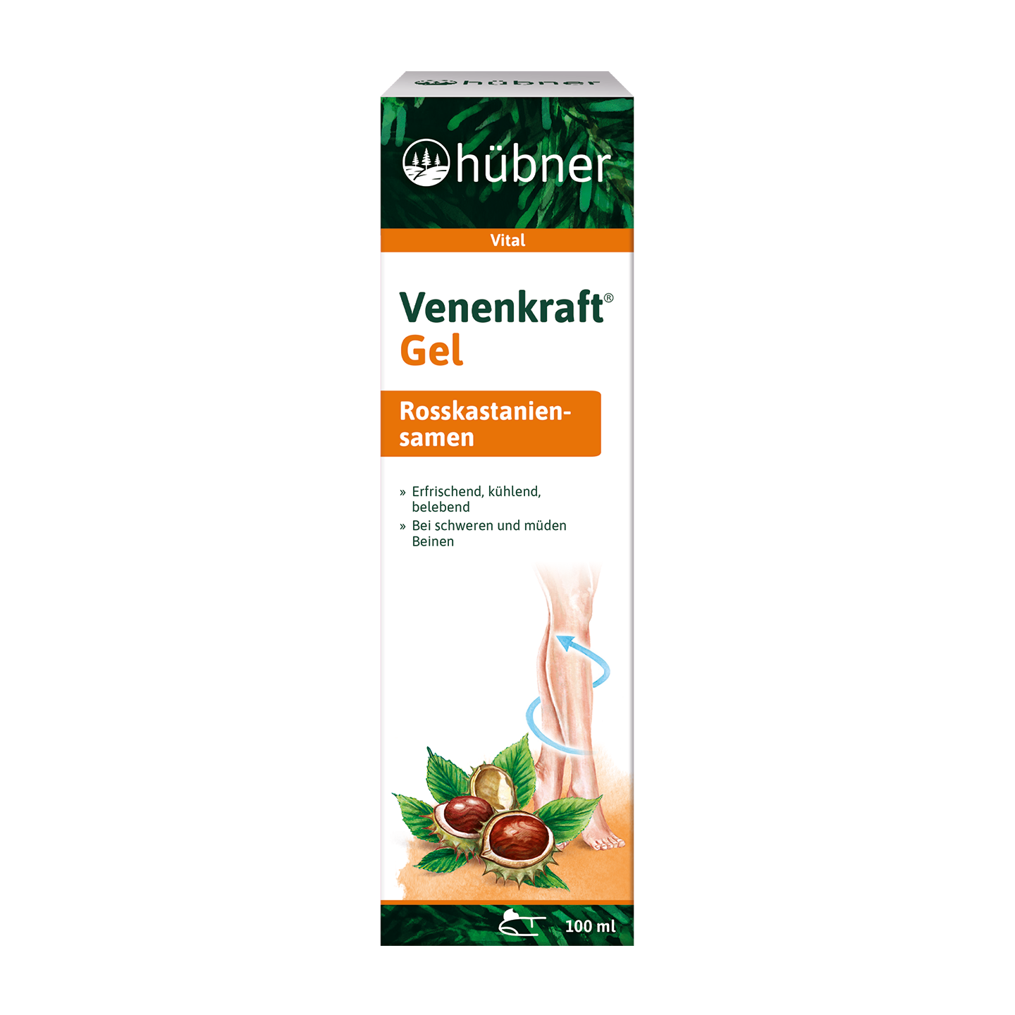 Schachtel mit Hübner Venenkraft Gel mit Rosskastaniensamen, einer Abbildung von Beinen und Produktinformationen in deutscher Sprache auf der Vorderseite.