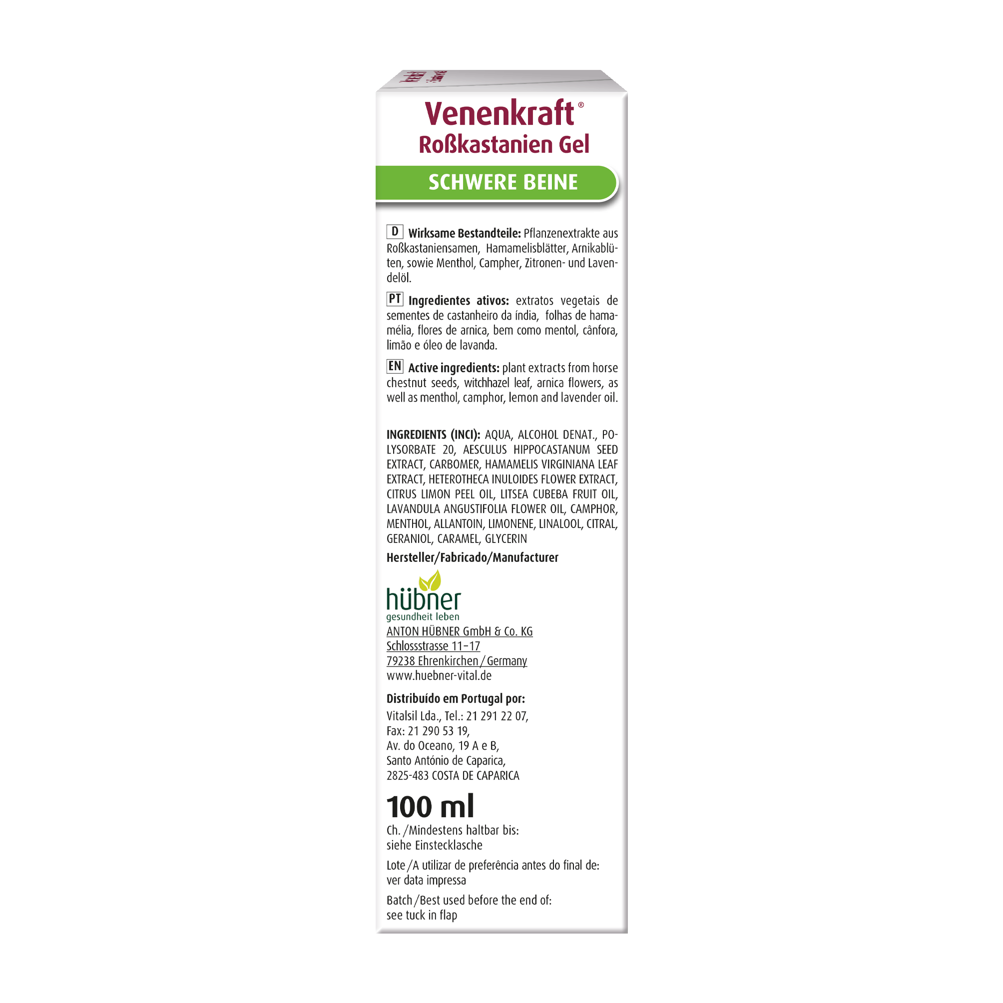 Weiße Schachtel Venekraft Roßkastanien Gel gegen schwere Beine mit Inhaltsstoffen, Gebrauchsanweisung und Herstellerinformationen in Deutsch und anderen Sprachen.