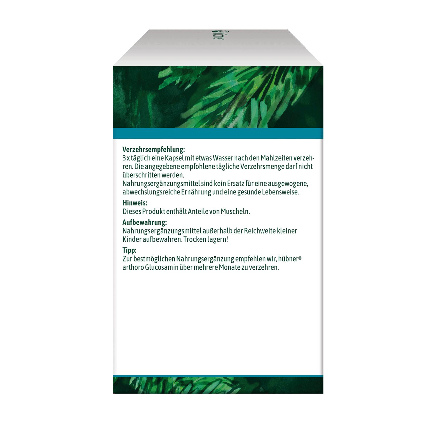 Weiße und grüne Produktverpackung mit deutschem Text mit Angaben zur Dosierung, Lagerung und Produktinformationen auf einem Blatthintergrund.