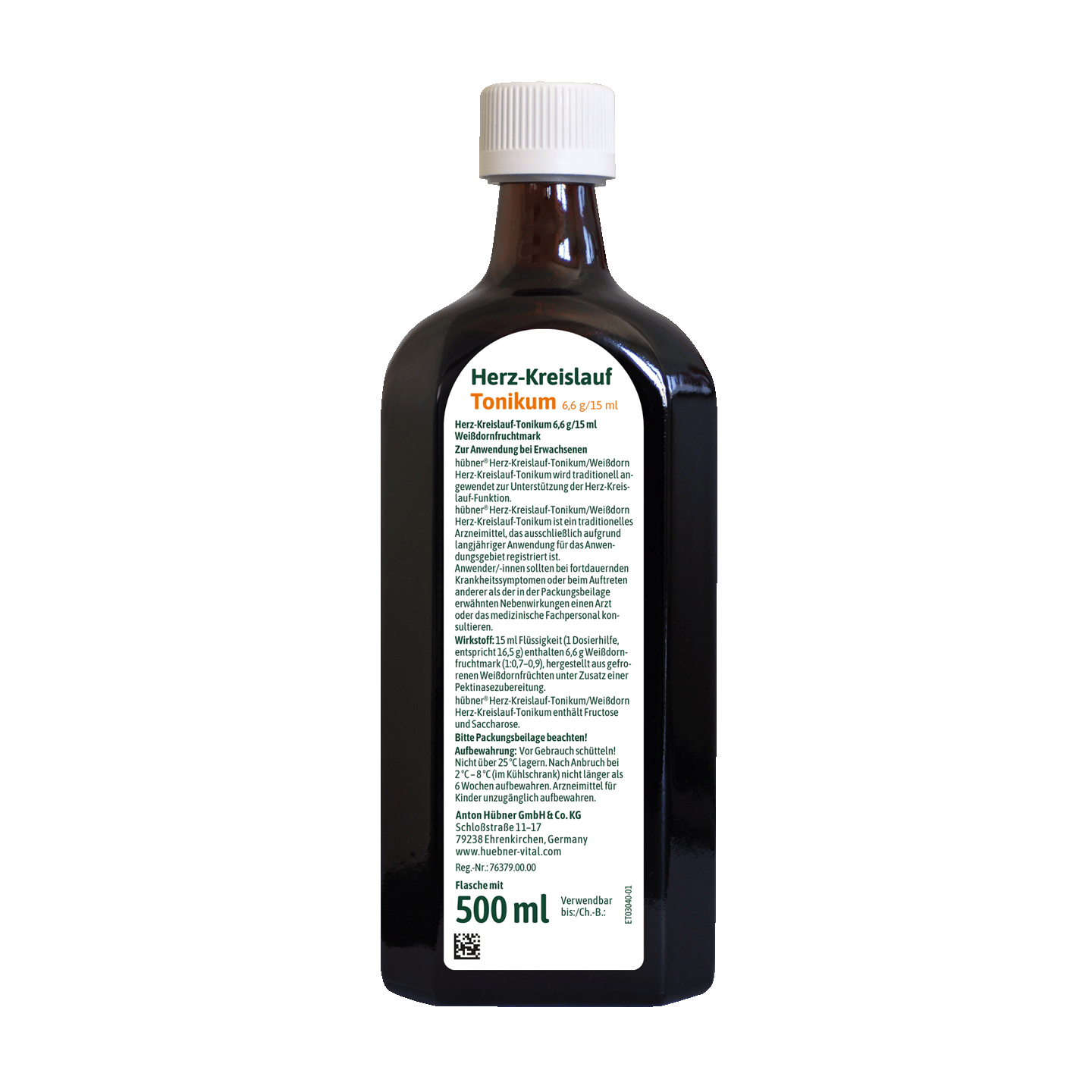 Eine dunkelbraune Flasche mit weißem Verschluss und einem Etikett mit der Aufschrift „Herz-Kreislauf Tonikum“ und ausführlichem Text in Deutsch. 500 ml Fassungsvermögen.