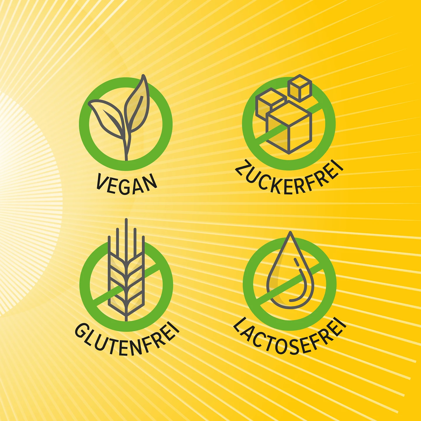 Vier grüne Symbole auf gelbem Hintergrund, die vegan, zuckerfrei, glutenfrei und laktosefrei kennzeichnen.