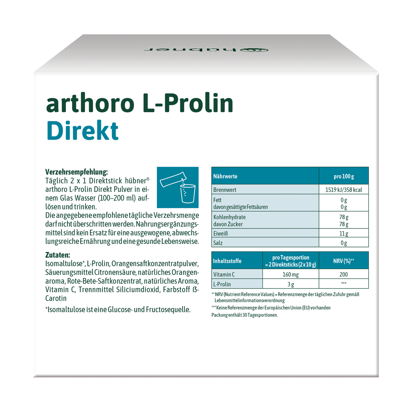 Rückseite der Schachtel mit der Aufschrift „arthoro L-Prolin Direkt“, seitlich mit Nährwerttabelle und deutscher Gebrauchsanweisung.
