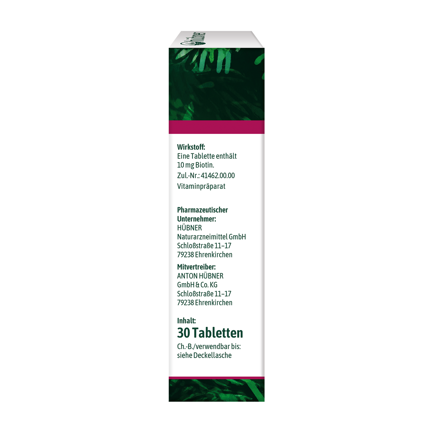 Seitenansicht einer Vitaminproduktpackung in deutscher Sprache mit der Angabe, dass sie 30 Tabletten, 10 mg Biotin pro Tablette enthält, sowie Herstellerdetails.