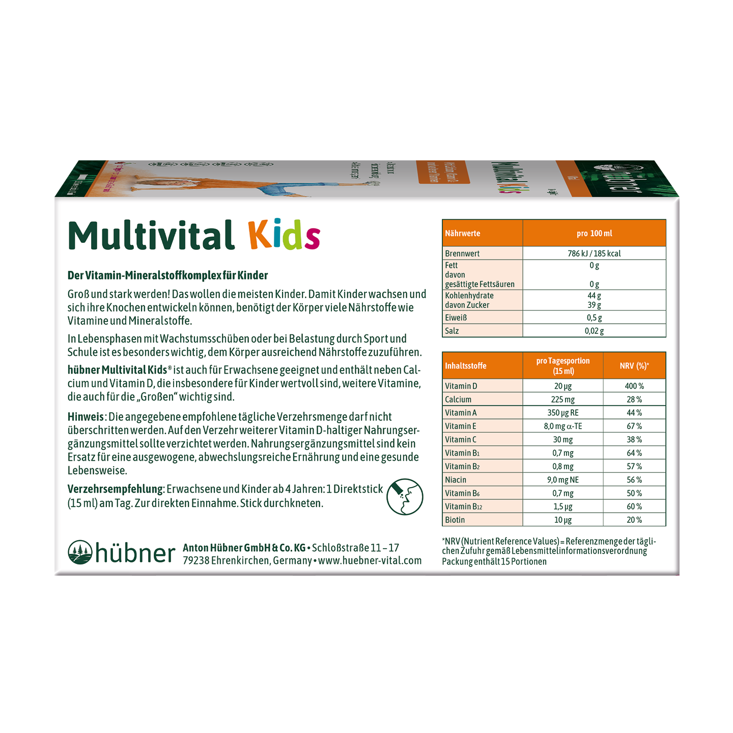 Produktetikett für das Vitaminpräparat Multivital Kids mit Angaben zu Inhaltsstoffen, Nährwerten, Dosierung und Firmeninformationen auf Deutsch.