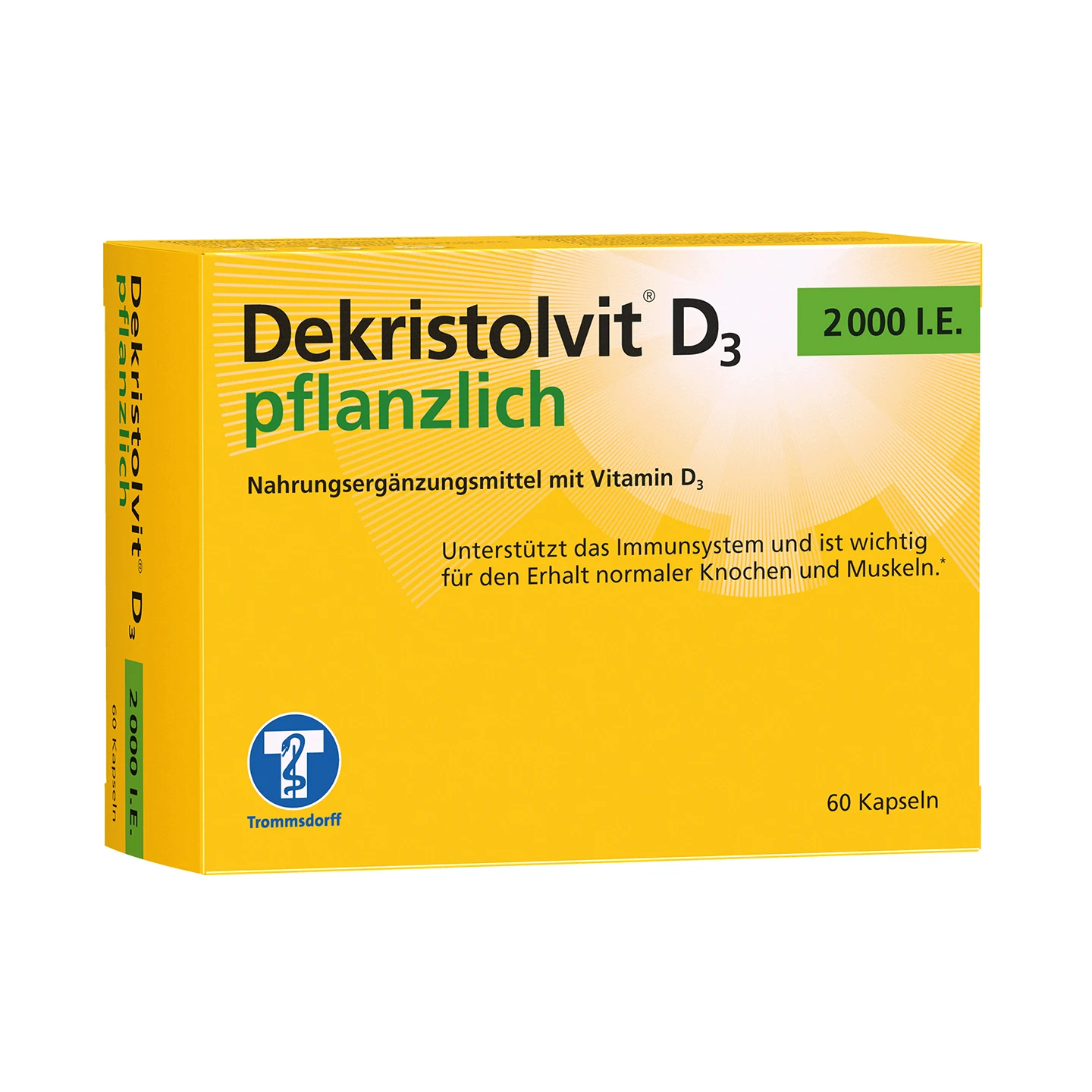 Eine gelbe Schachtel Dekristolvit D3 pflanzlich, 2000 I.E., ein Vitamin D3-Nahrungsergänzungsmittel für die Gesundheit des Immunsystems sowie der Knochen und Muskeln.