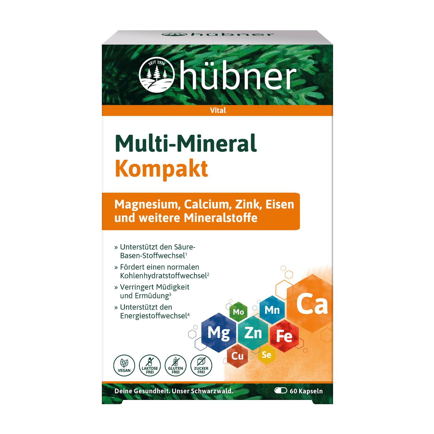 Schachtel mit Hübner Multi-Mineral Kompakt-Kapseln mit Schwerpunkt auf Magnesium, Kalzium, Zink, Eisen und anderen Mineralien.