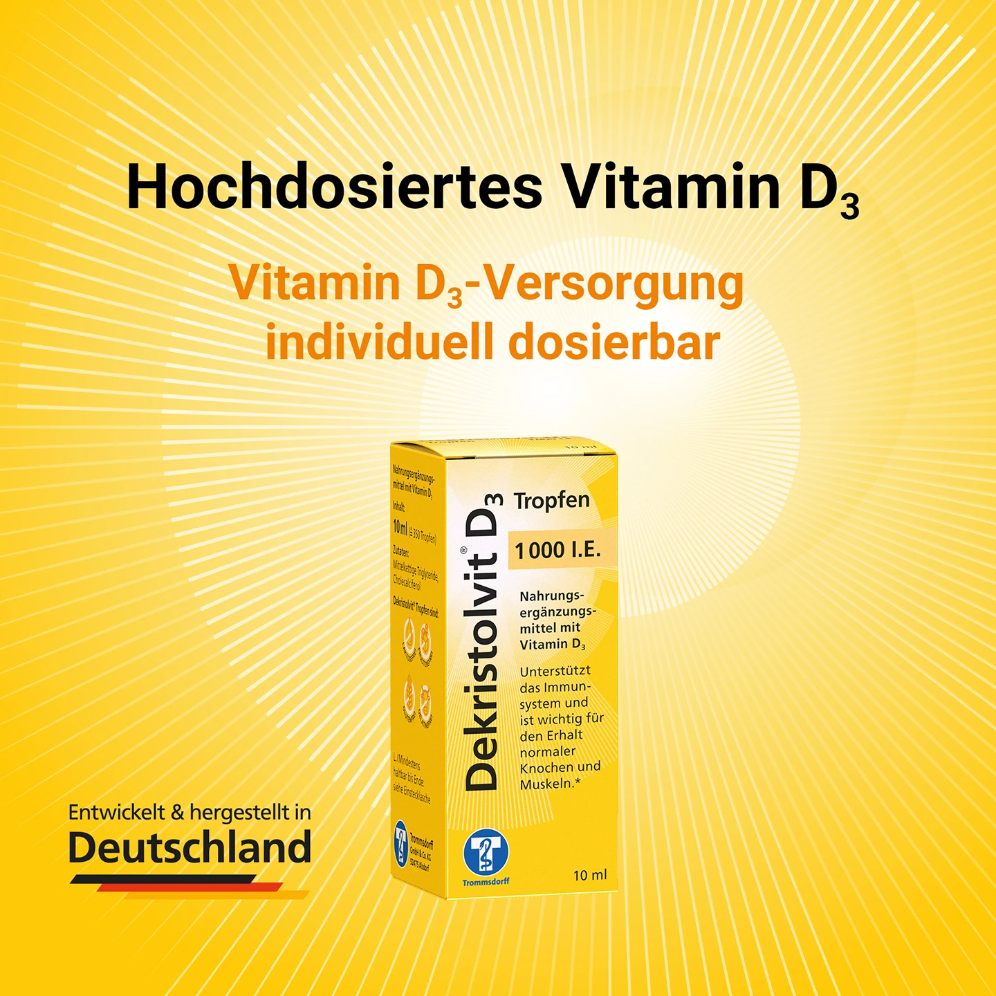Dekristolvit D3 Tropfen auf gelbem Hintergrund, mit deutschem Text zur individuell dosierbaren Hochdosis-Vitamin-D3-Versorgung.