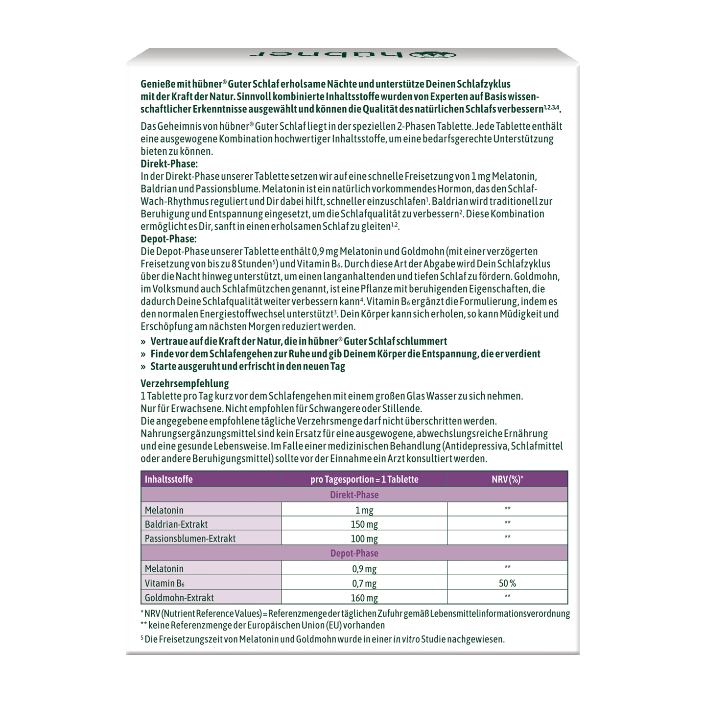 Rückseite einer Melatonin+Nacht-Nahrungsergänzungspackung mit Dosierungsanweisungen, Vorteilen und Informationen zu den Inhaltsstoffen in deutscher Sprache.