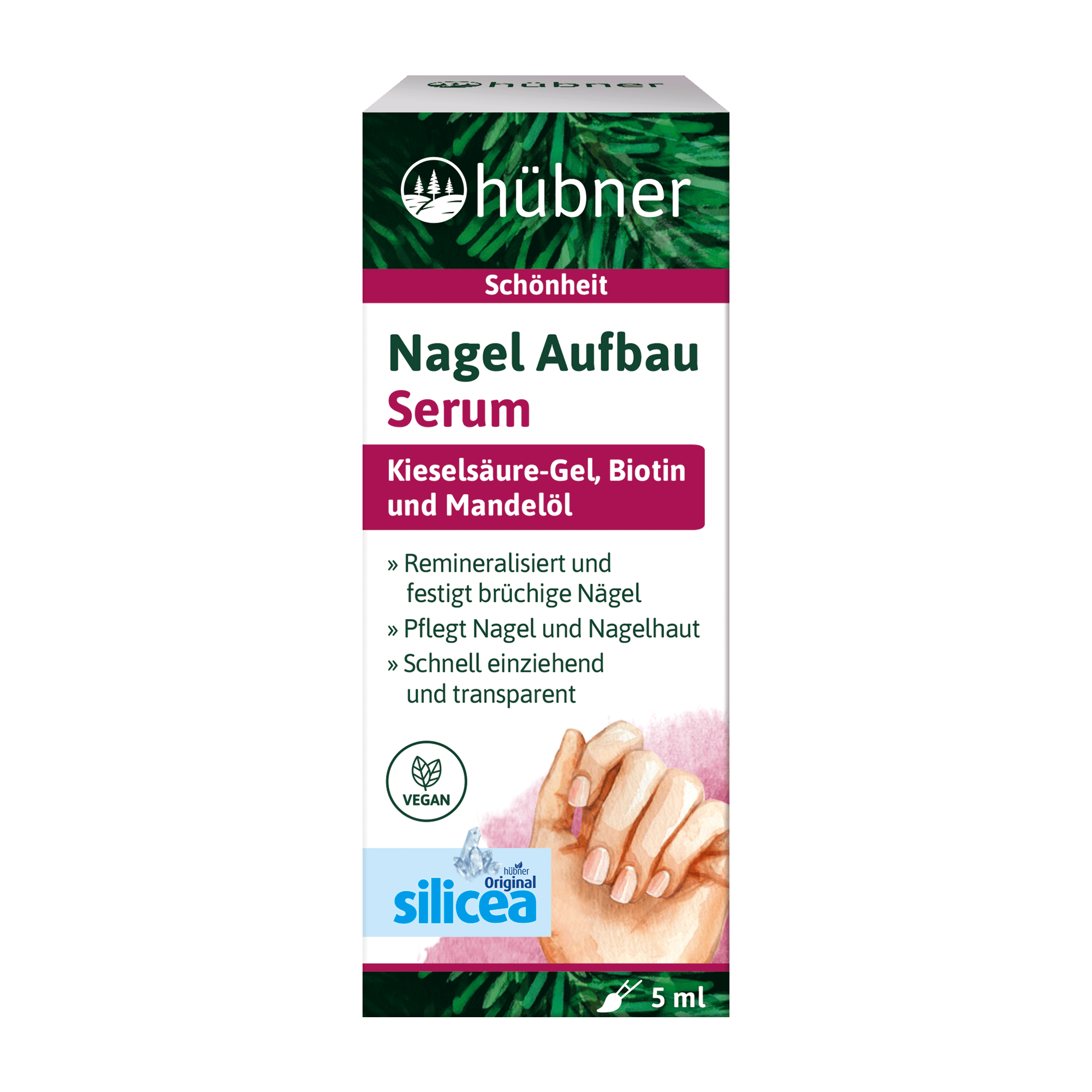 Schachtel mit hübner Nagel Aufbau Serum mit Produktdetails, Handabbildung und Vegan- und Silicea-Logos auf grün-weißem Hintergrund.