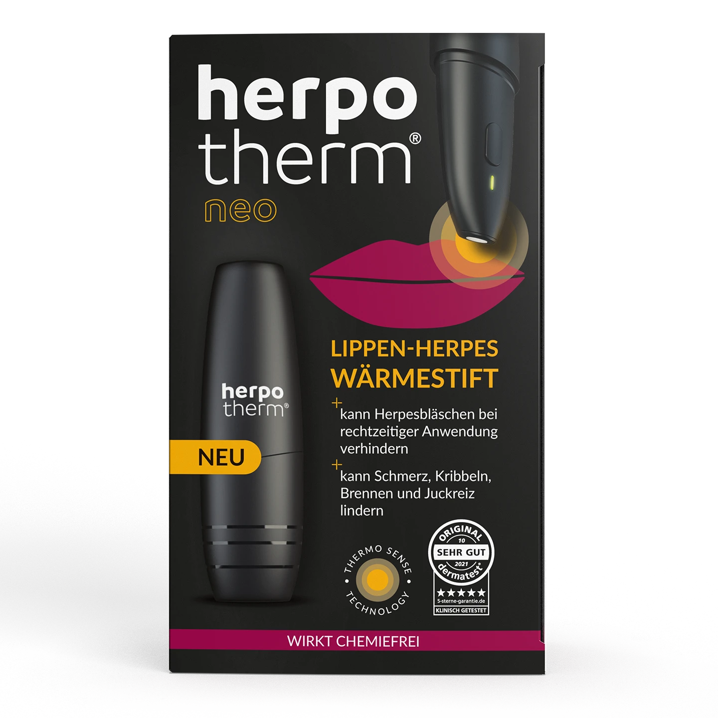 Packshot des herpotherm® neo Lippenherpes-Wärmestifts mit Produktabbildung, Lippengrafik sowie deutschsprachigen Informationen zu Anwendung und Vorteilen.