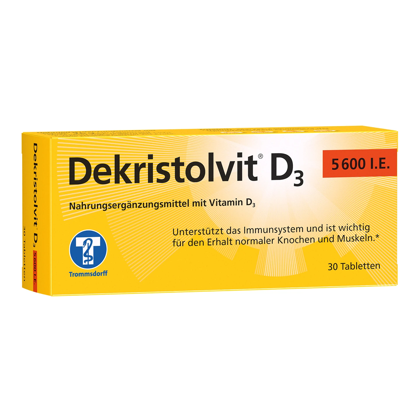 Gelbe Dekristolvit D3-Schachtel mit 30 Tabletten, gekennzeichnet als Vitamin-D-Präparat zur Unterstützung von Immunsystem sowie Knochen- und Muskelgesundheit, 5600 I.E.