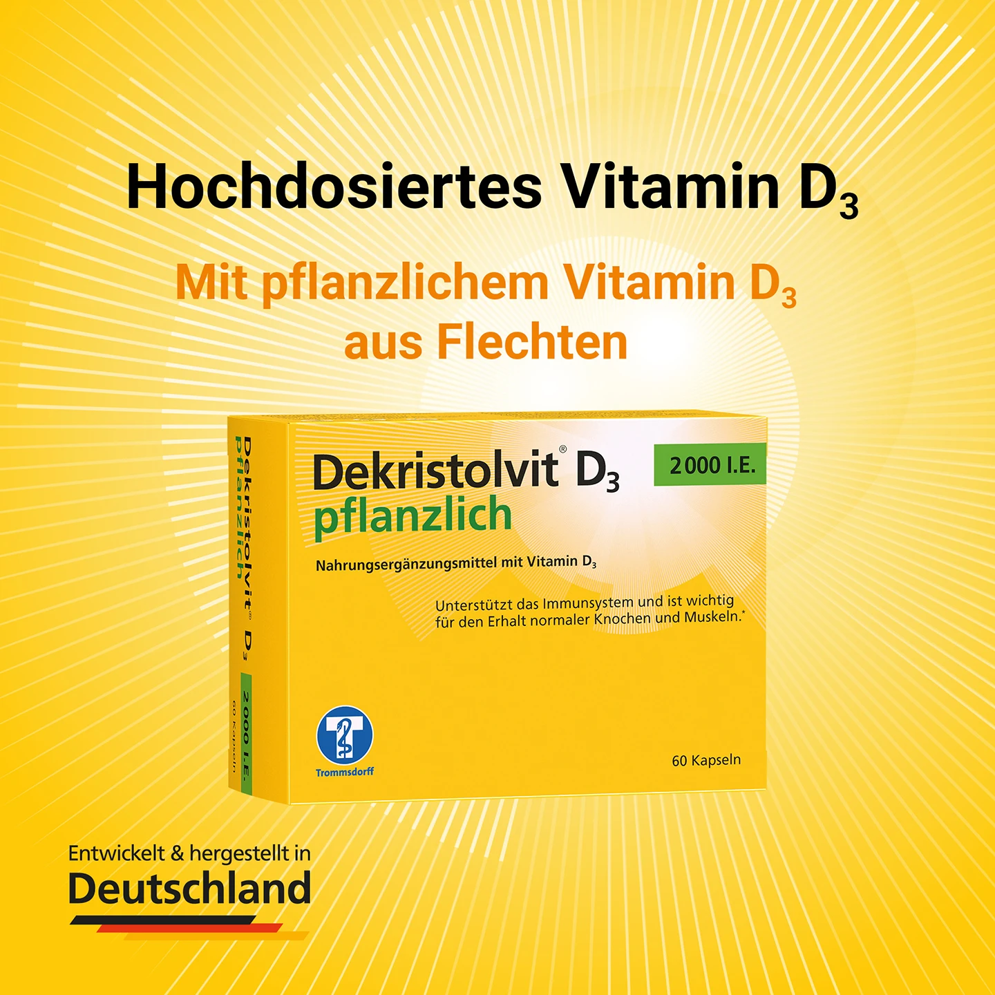 Eine Schachtel Dekristolvit D3-Kapseln mit deutschem Text über hochdosiertes pflanzliches Vitamin D3 auf leuchtend gelbem Hintergrund.