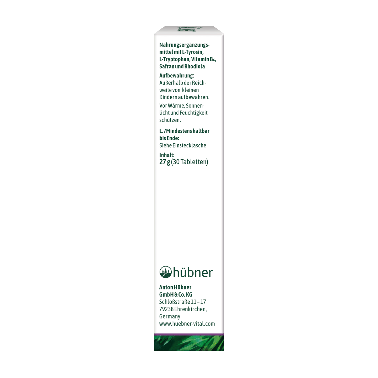 Seitenansicht einer Hübner-Beilagenbox mit Produktinformationen und Firmenangaben in deutscher Sprache auf weißem Hintergrund.