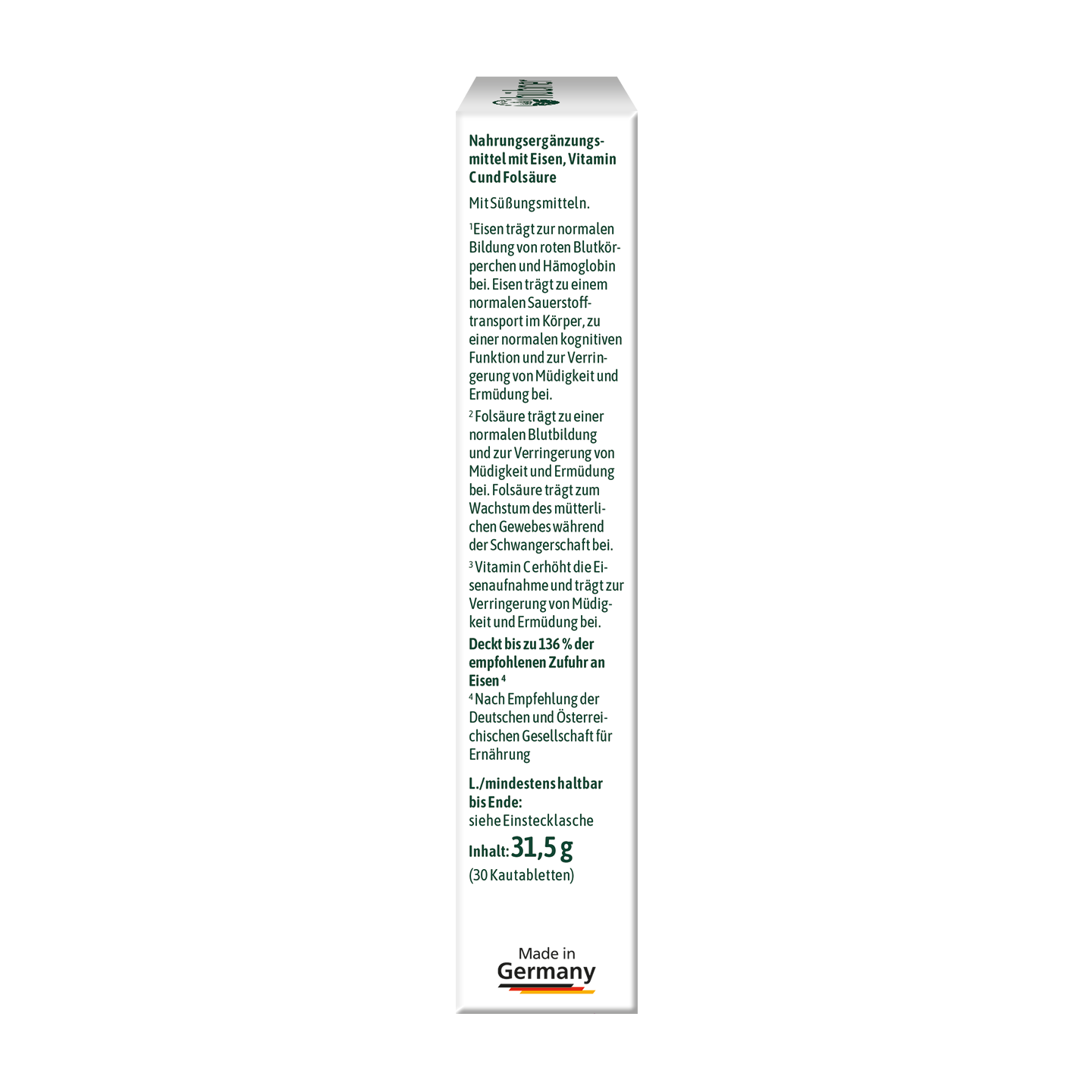 Weiße Tablettenverpackung mit deutschem Text zu Vitaminen und Mineralstoffen; „Made in Germany“ mit Deutschlandflagge am unteren Rand bedruckt.