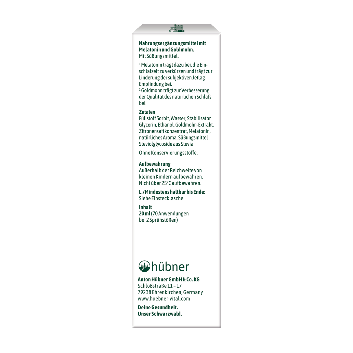 Schachtel mit deutschem Text mit detaillierten Angaben zu Inhaltsstoffen, Dosierung und Herstellerinformationen für ein Melatonin- und Goldmohn-Präparat von Hübner.