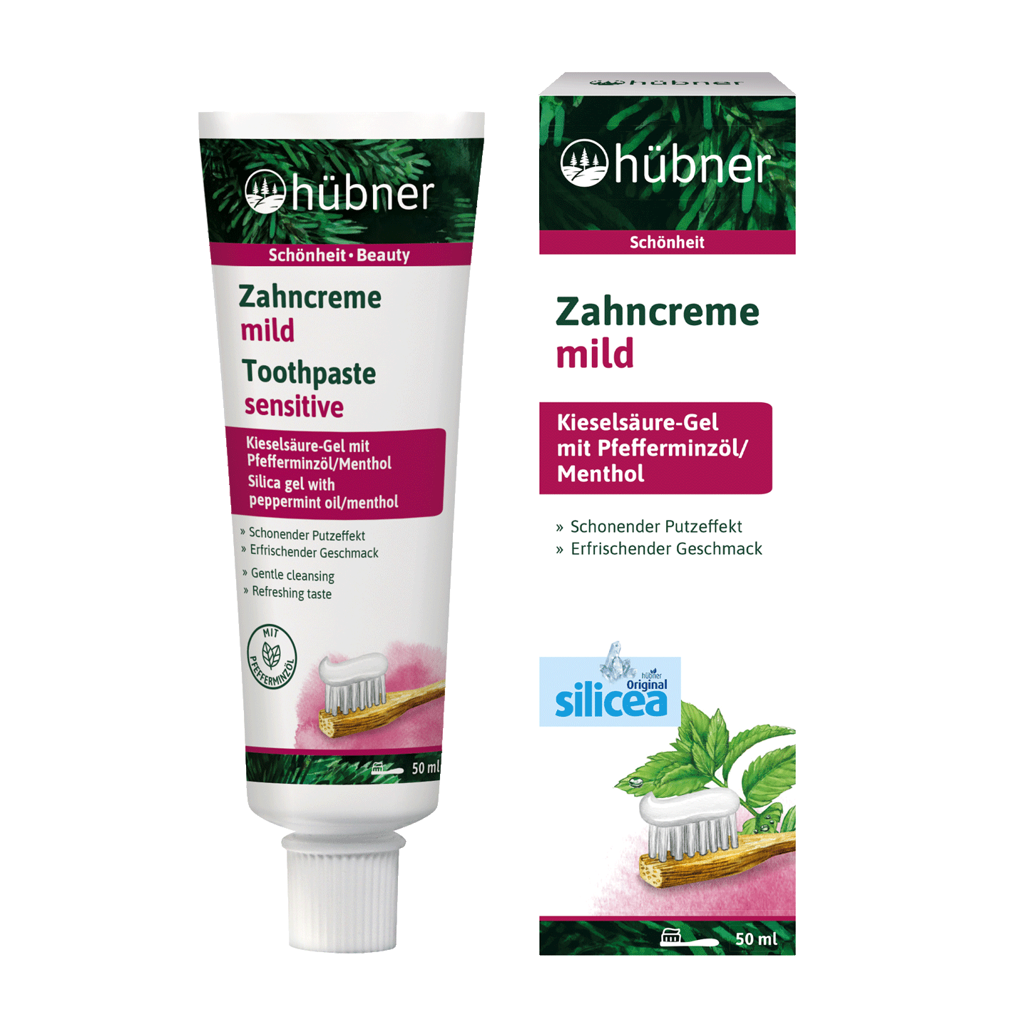 Eine Tube und Schachtel Hübner Zahnpasta mild mit Pfefferminze und Kieselerde für empfindliche Zähne, 50 ml Größe, auf weißem Hintergrund.